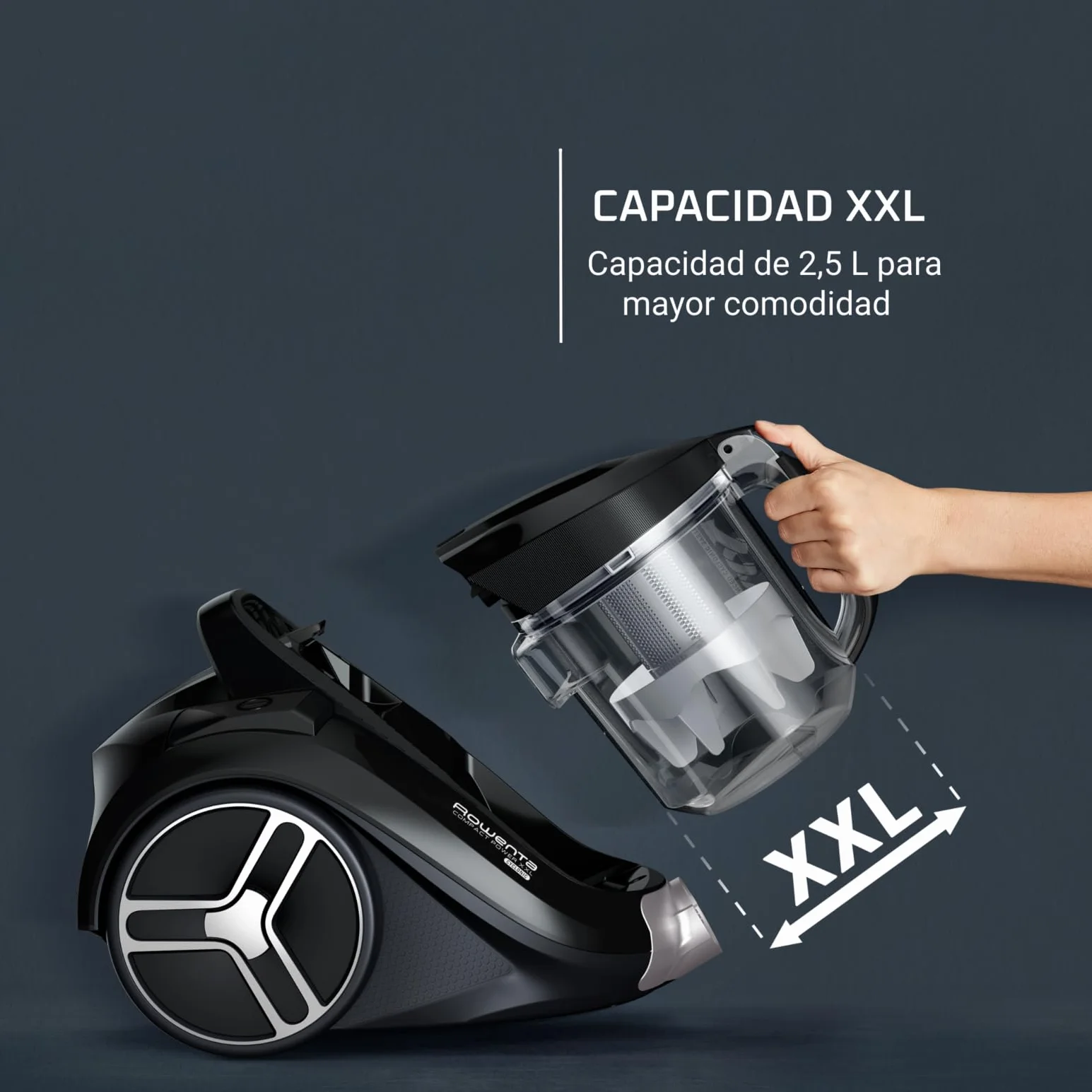 Rowenta Compact Power XXL - Aspiradora sin bolsa, motor de bajo consumo, 900 W, filtración ciclónica avanzada de 3 niveles, depósito de suciedad extragrande de 2,5 L, compacta, animal care, RO4B50