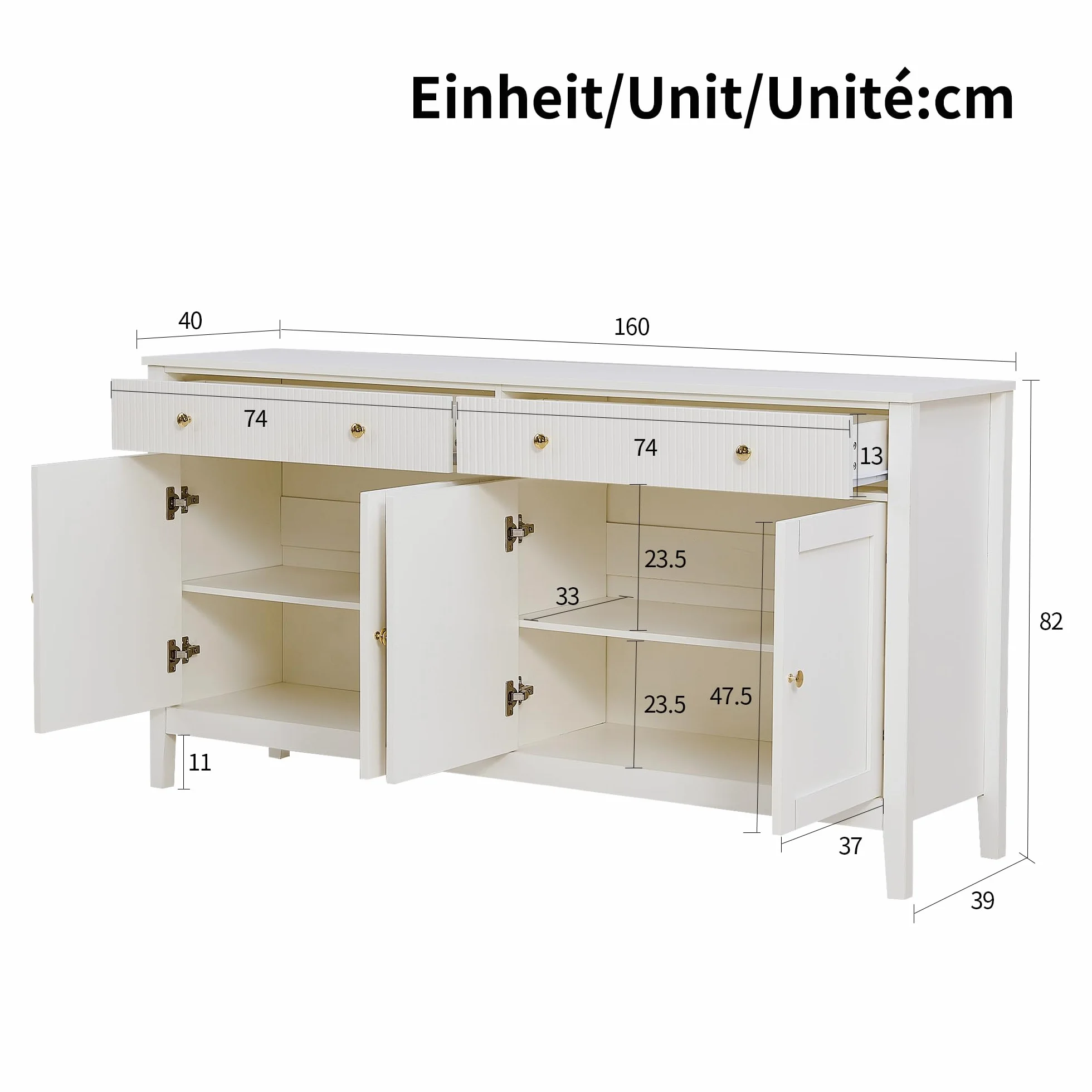 Aparador Blanco Elegante con 2 Cajones y 4 Puertas, Armario Cocina Aparadores para Salon con Estante y 5 Patas, Aparador Entrada Mueble Auxiliar Comedor, 160x40x82 cm, Blanco