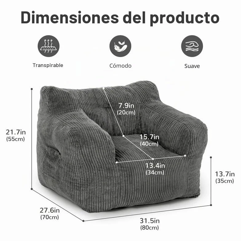 Pamapic Puff Salon, Sillon Puff con Relleno Incluido, Sofa Puf con Asas Portátiles, Sillas de Salon Ergonomicas Moderno, Bean Bag Interior para Sala de Estar, Dormitorio, Sala de Juegos, Gris