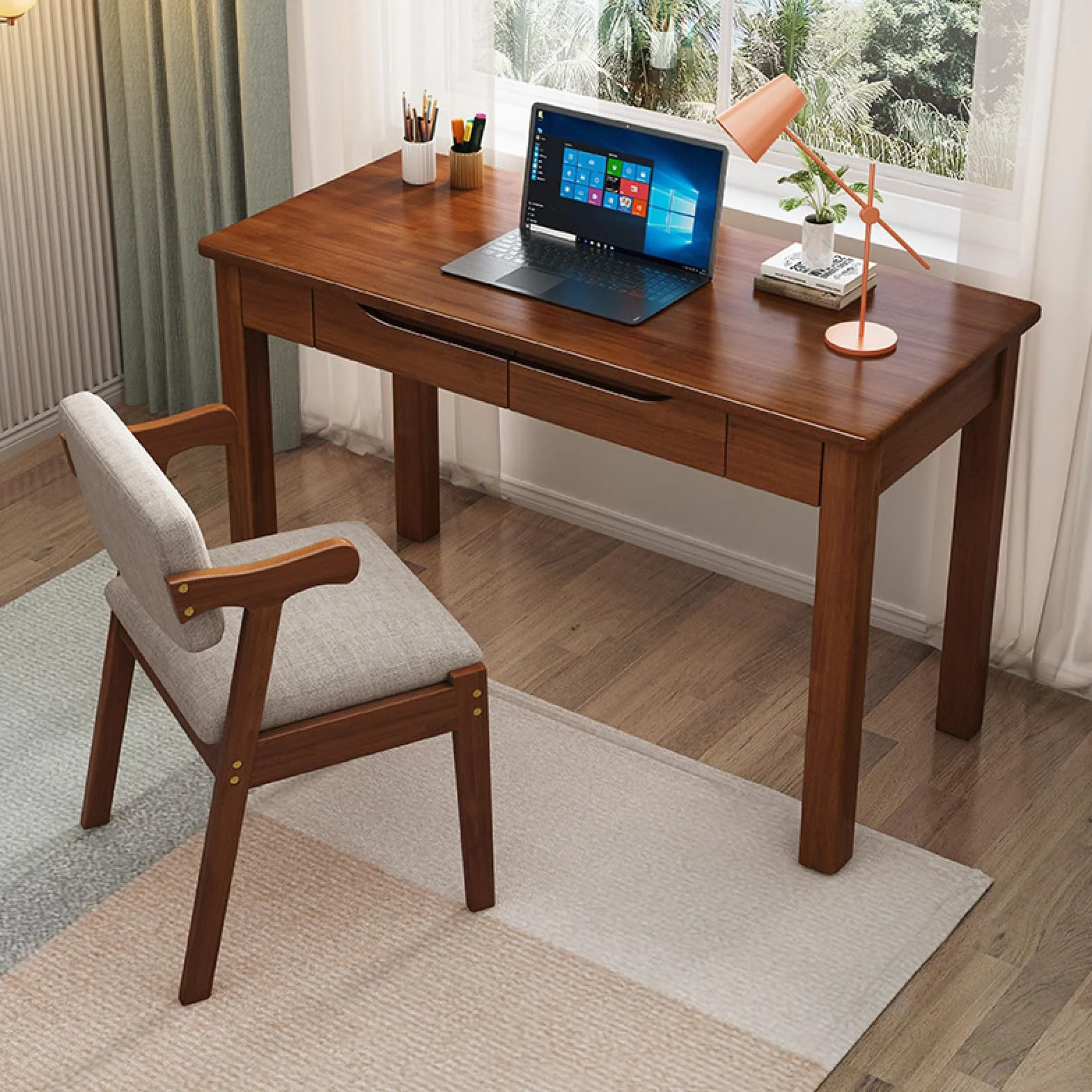 Escritorio de Madera de Roble 100% Macizo: Mesa de Estudio pequeña con 2 cajones, Escritorio de Oficina en casa Sencillo y Moderno, Escritorio de computadora (39 Pulgadas, Nogal)