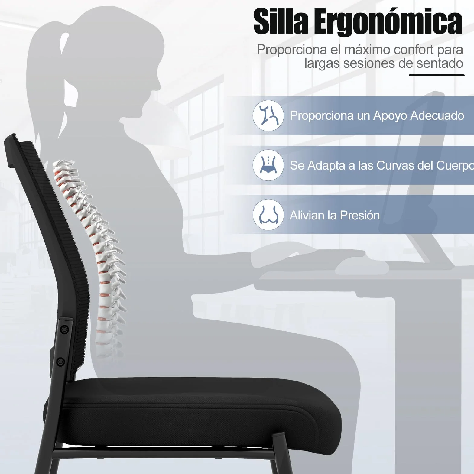 COSTWAY 2 Sillas Sala de Espera sin Brazos, Respaldo de Malla y Asiento Acolchado, Sillas Confidente con Ruedas, Silla Oficina, Carga 125kg, Negro