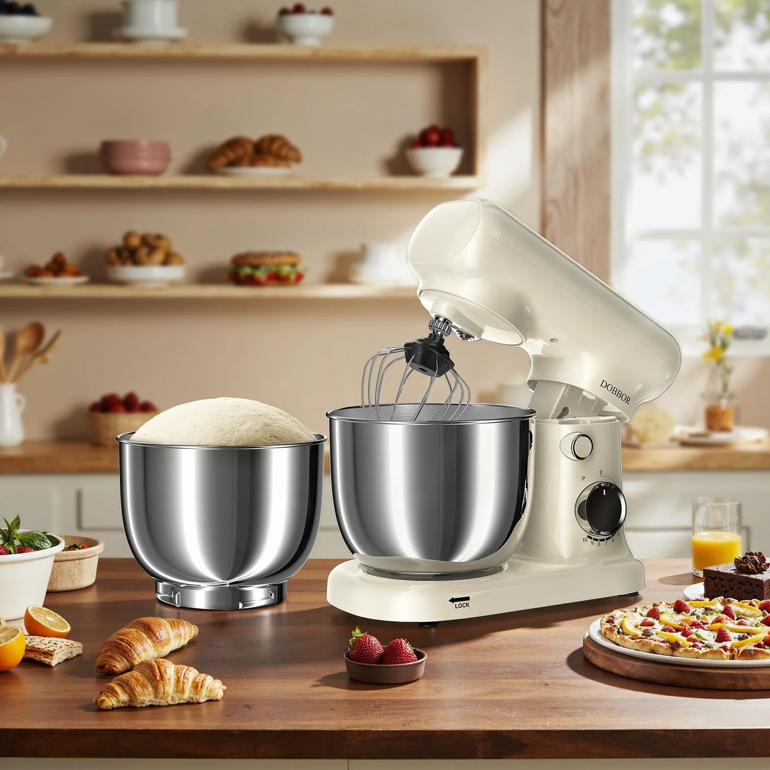 Batidora Amasadora Doble Bol De 2.5L+3L, Batidora EléCtrica De 10 Velocidades Y 1500w - Incluye Batidor De Huevos, Gancho Para Masa Y Batidor Plano Para ReposteríA Casera (Blanco lechoso)