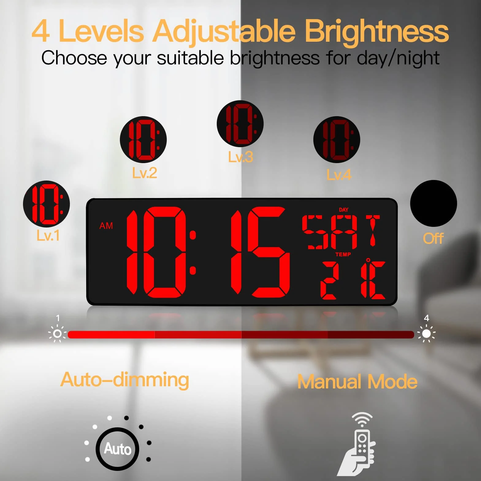 XREXS Reloj de Pared Digital con Control Remoto, 16,5'' Reloj Digital LED Pared Grande, Reloj Despertador Digital con Brillo Ajustable, Reloj Pared Digital con Hora/Fecha/Temperatura (Rojo)