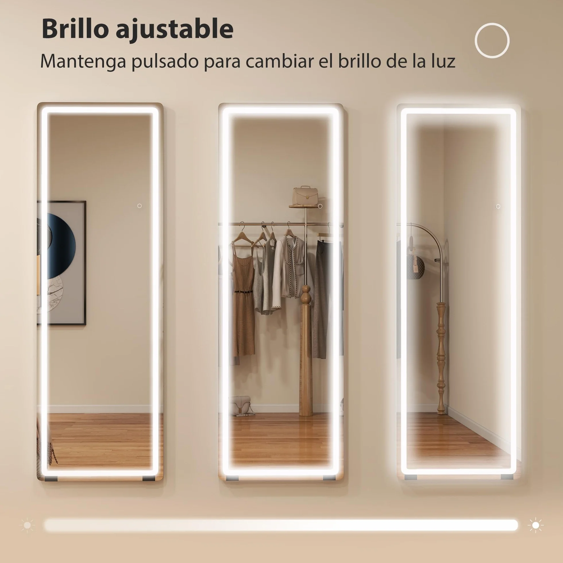 HOMCOM Espejo de Pie Cuerpo Entero con Luces, 150x50 cm, Espejo de Cuerpo Entero sin Marco, 3 Temperaturas de Color, Brillo Ajustable, Independiente, Apoyado y de Pared, para Dormitorio, Transparente