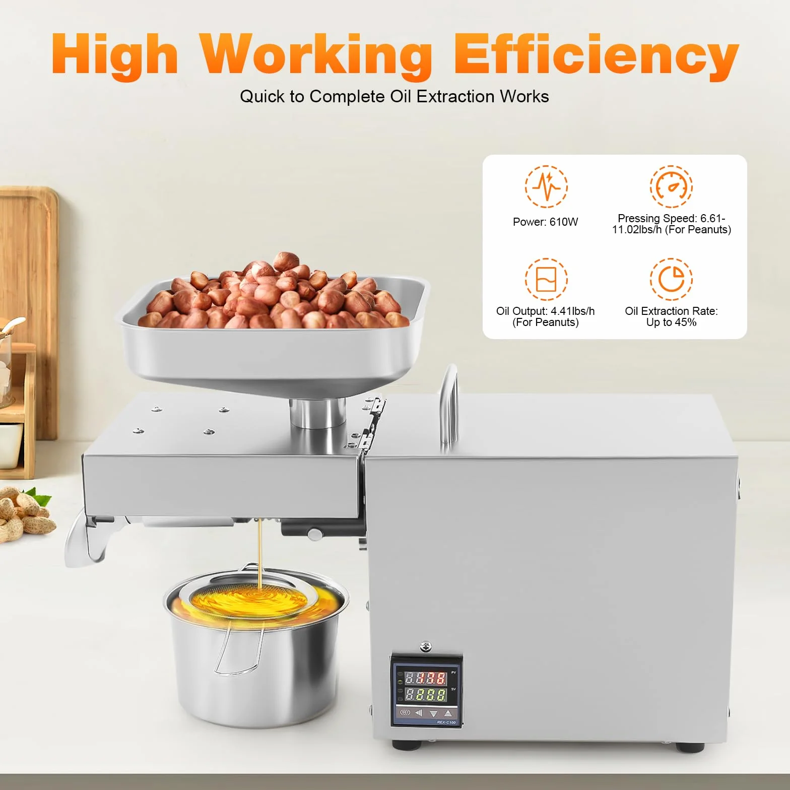 Prensa de aceite, máquina de prensa de aceite de acero inoxidable 1500W molino de aceite eléctrico con control de temperatura nueces cacahuetes máquina de prensa de aceite fría