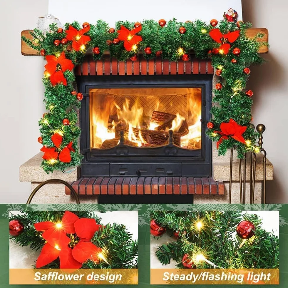 SHAVINGFUN Guirnalda de Navidad Con Luces - Flores Artificiales Decoración de 9 ft, Verde para Escaleras y Chimeneas Navideñas