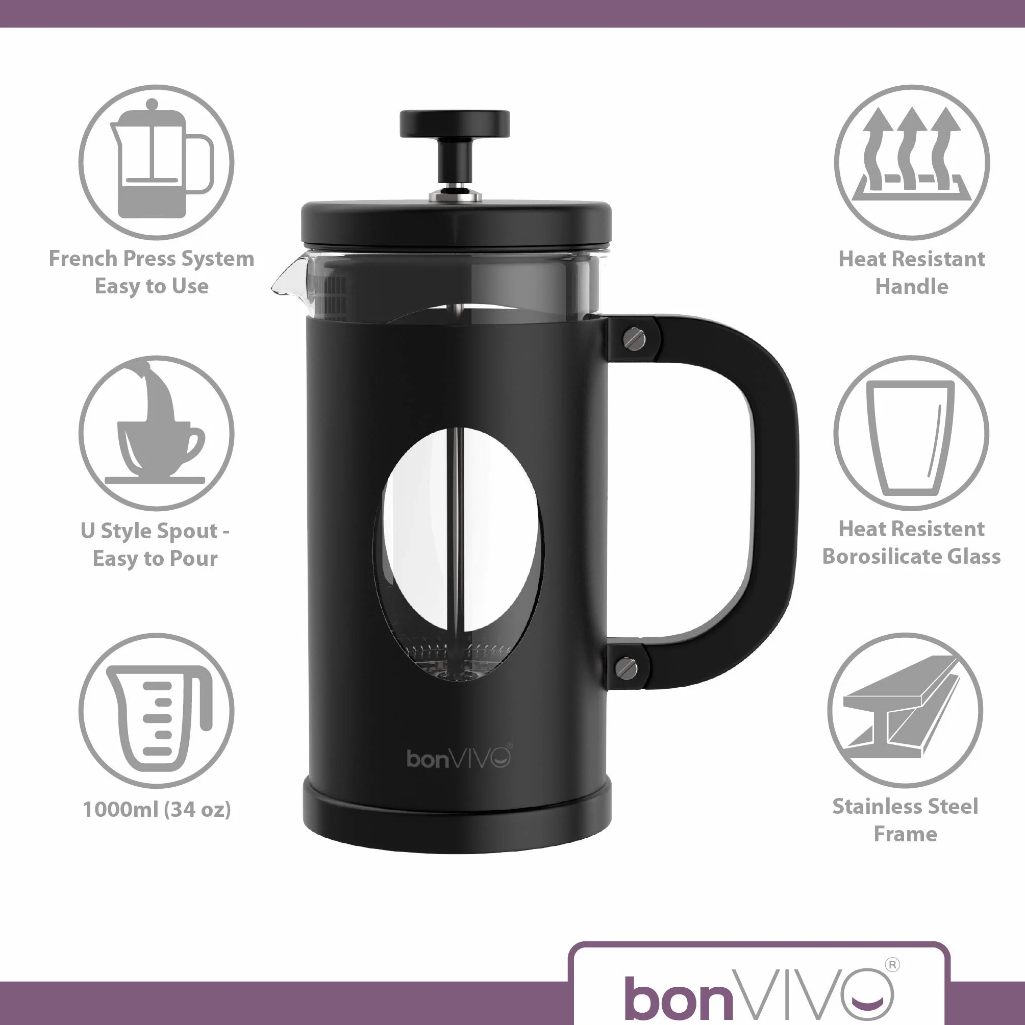 bonVIVO Cafetera Francesa 1 Litro (8 Tazas) – Prensa Francesa de Cristal Borosilicato con Filtro de Acero Inoxidable – French Press para Café, Té y Cold Brew – Negro