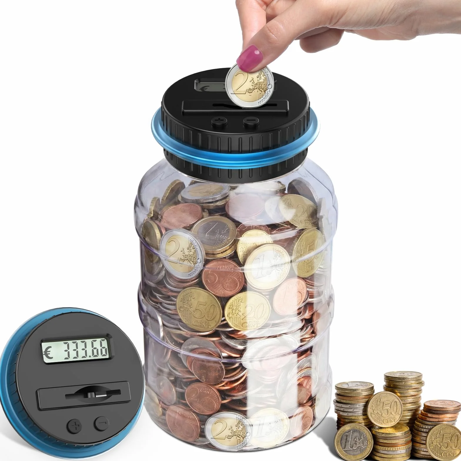 Pup Go Hucha Electronica Digital con Contador y Pantalla LCD, 1.8L Gran Capacidad, Transparente, Cuenta Monedas Euro