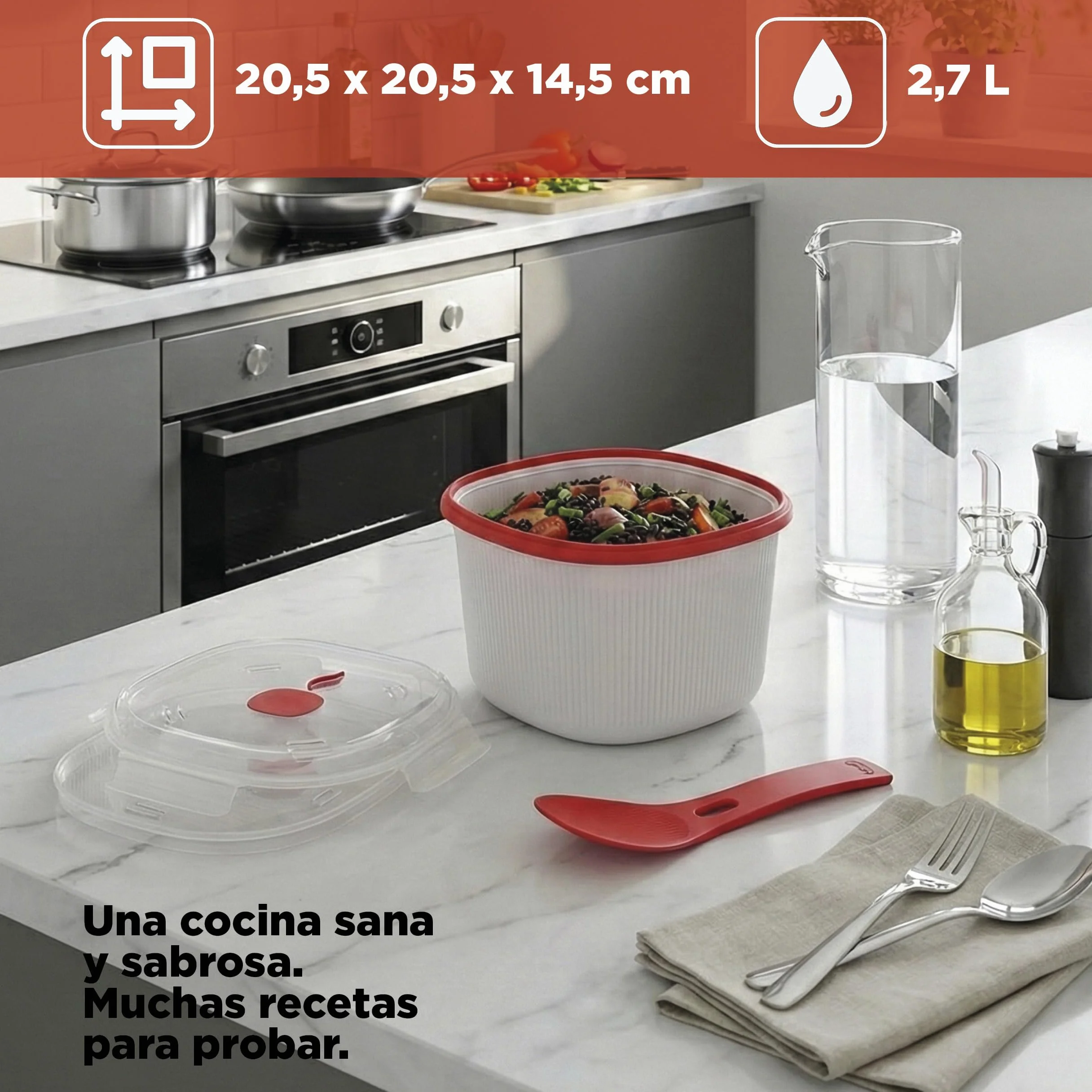 Olla Arrocera Microondas 2.70L Recipiente para Cocina al Vapor, Cereales & Rice Cooker con Espátula, Made in Italy