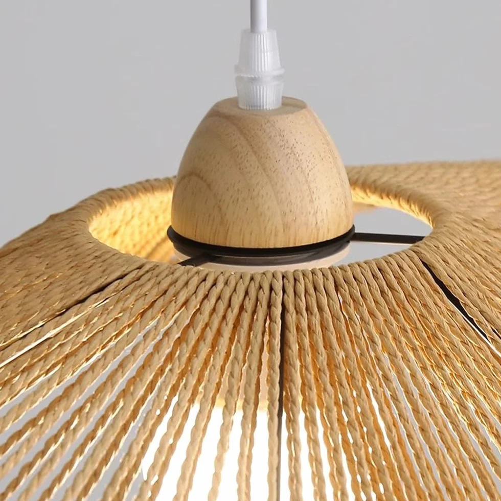 Lámpara colgante de cuerda de cáñamo de ratán costero bohemio, iluminación colgante tejida moderna, lámpara colgante de techo de mediados de siglo marrón y blanco para comedor, cocina, isla, d