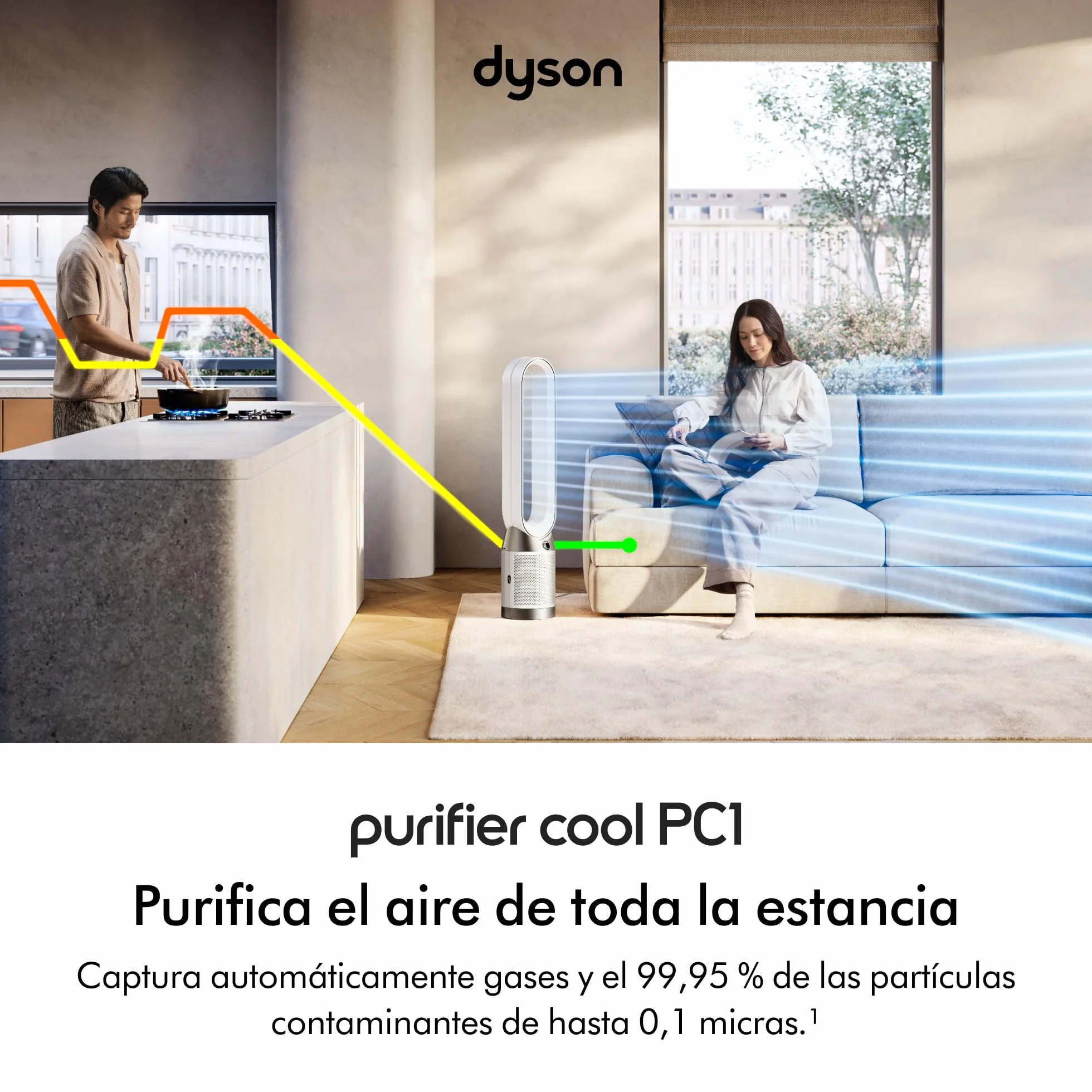 Dyson Purifier Cool™ PC1 Ventilador de Torre y Purificador de Aire, Filtro HEPA H13, Refrigeración Potente, Control por App y Mando, Sin Aspas, Oscilación 350°, Blanco