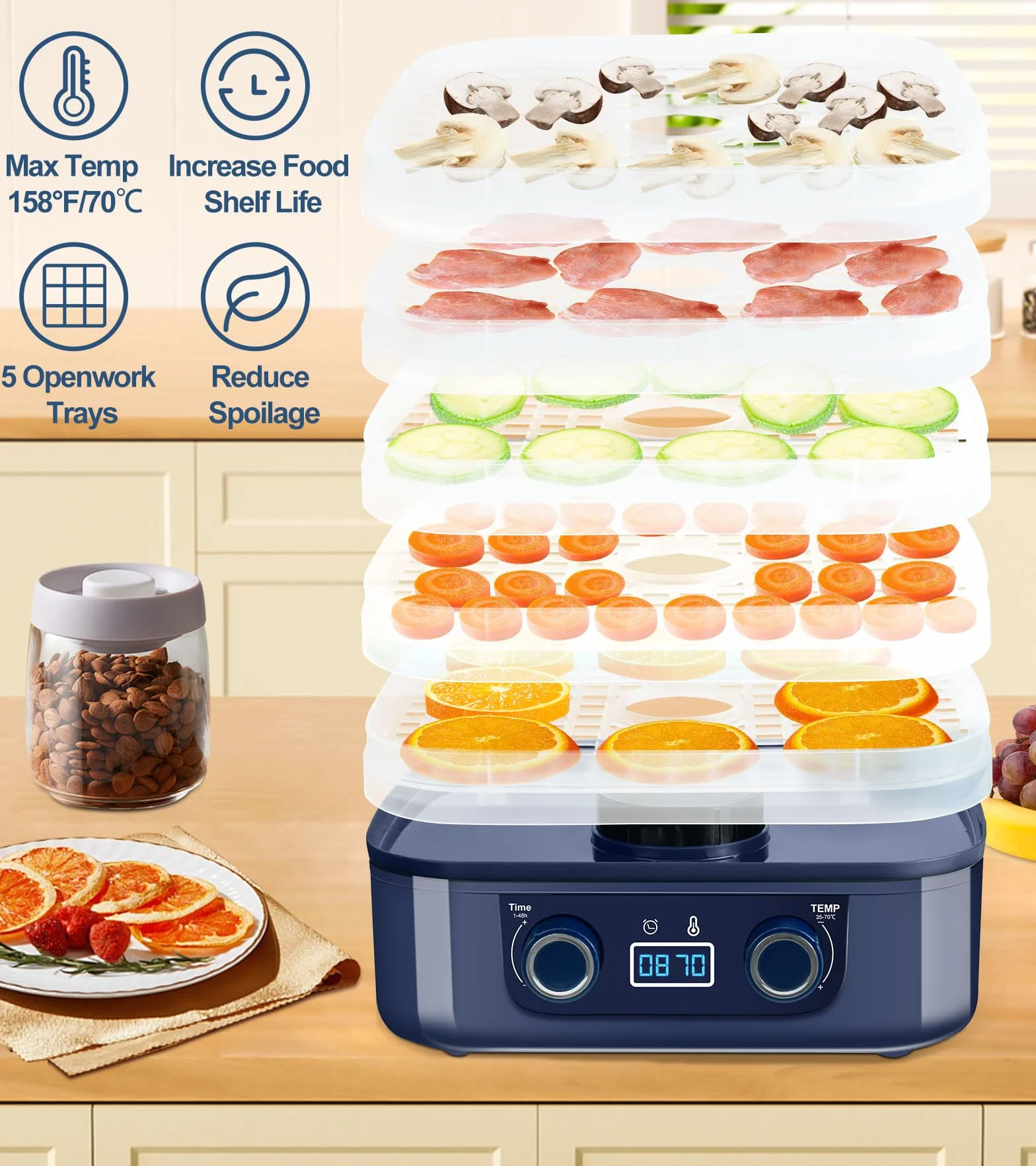 DeeprBling Deshidratador de Alimentos 5 Bandejas Desmontables Control de Temperatura 35-70°C Temporizador 48 Horas Frutas Verduras Pantalla Digital Sin BPA