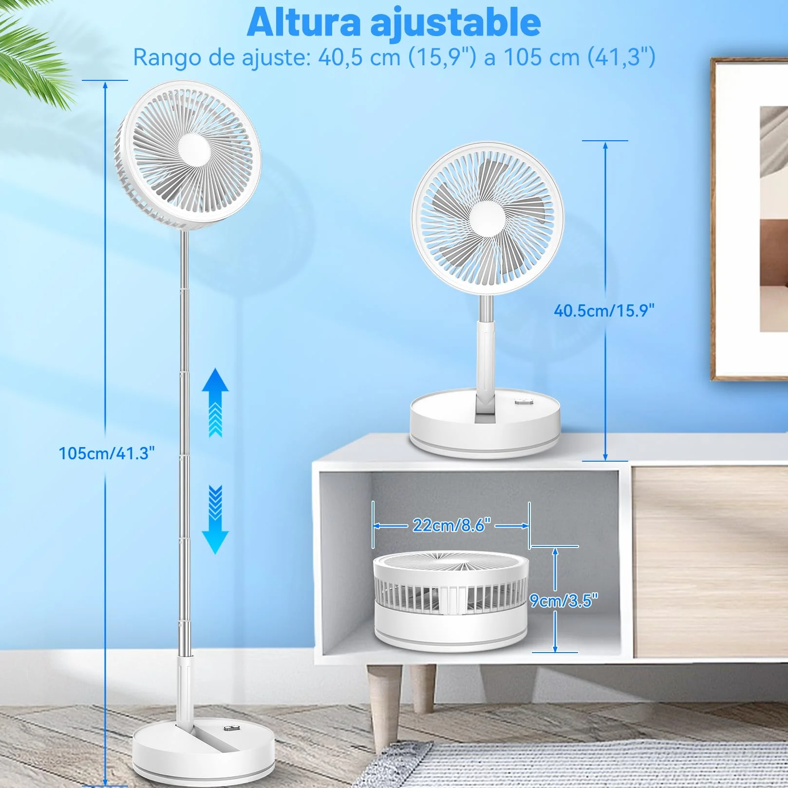 Ventilador de Pie Portátil Plegable Oscilante 8000mAh Batería Recargable USB C con Control Remoto Silencioso para Hogar