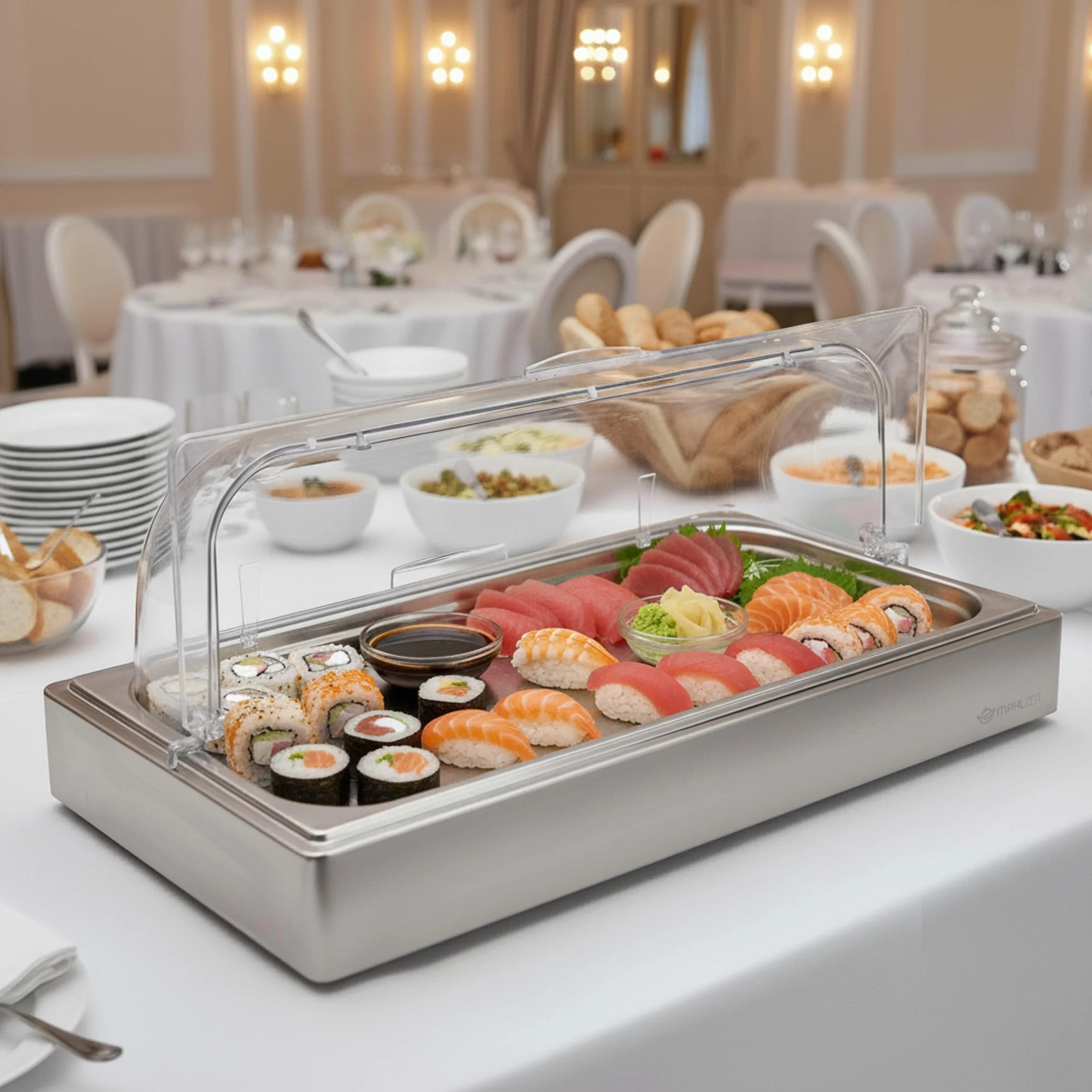 Mahlzeit Plato de servicio refrigerado | 54 x 34 x 24,5 cm | GN 1/1 Plato refrigerado con tapa, sistema de recipiente refrigerado con acumulador de frío | Plato para mantener fresco, tapa de servicio