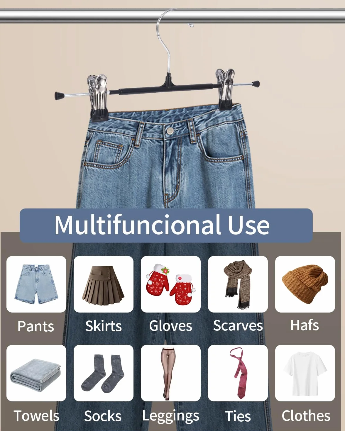 Perchas Pantalones Ahorra Espacio 30cm Antideslizantes con Clips Ajustables Paquete de 10