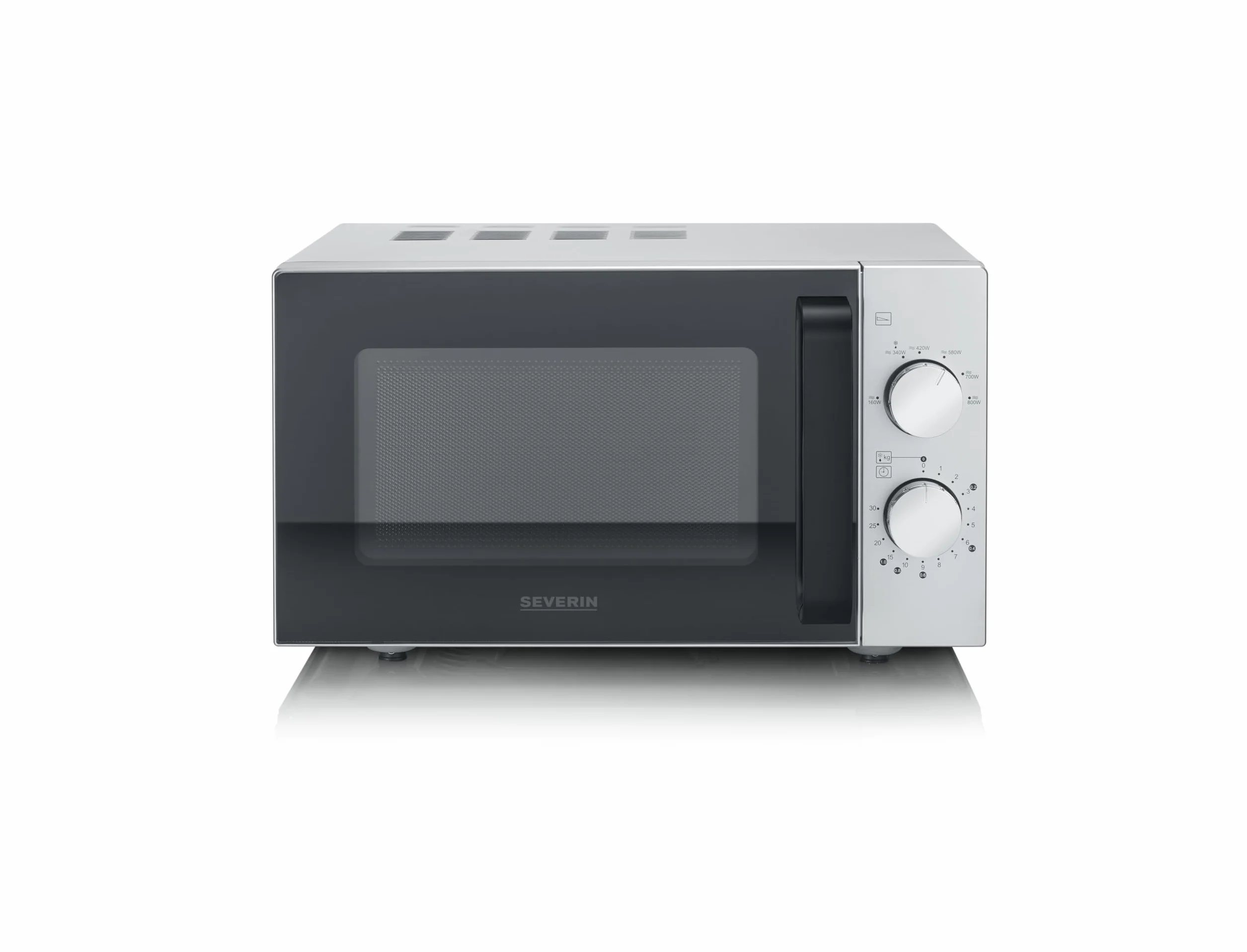 SEVERIN Microondas Flatbed 20 l, 800 W, interior plano, sin plato giratorio, calentamiento uniforme, 6 niveles de potencia, 2 mandos de control manual, negro mate, acero inoxidable, MW 9184