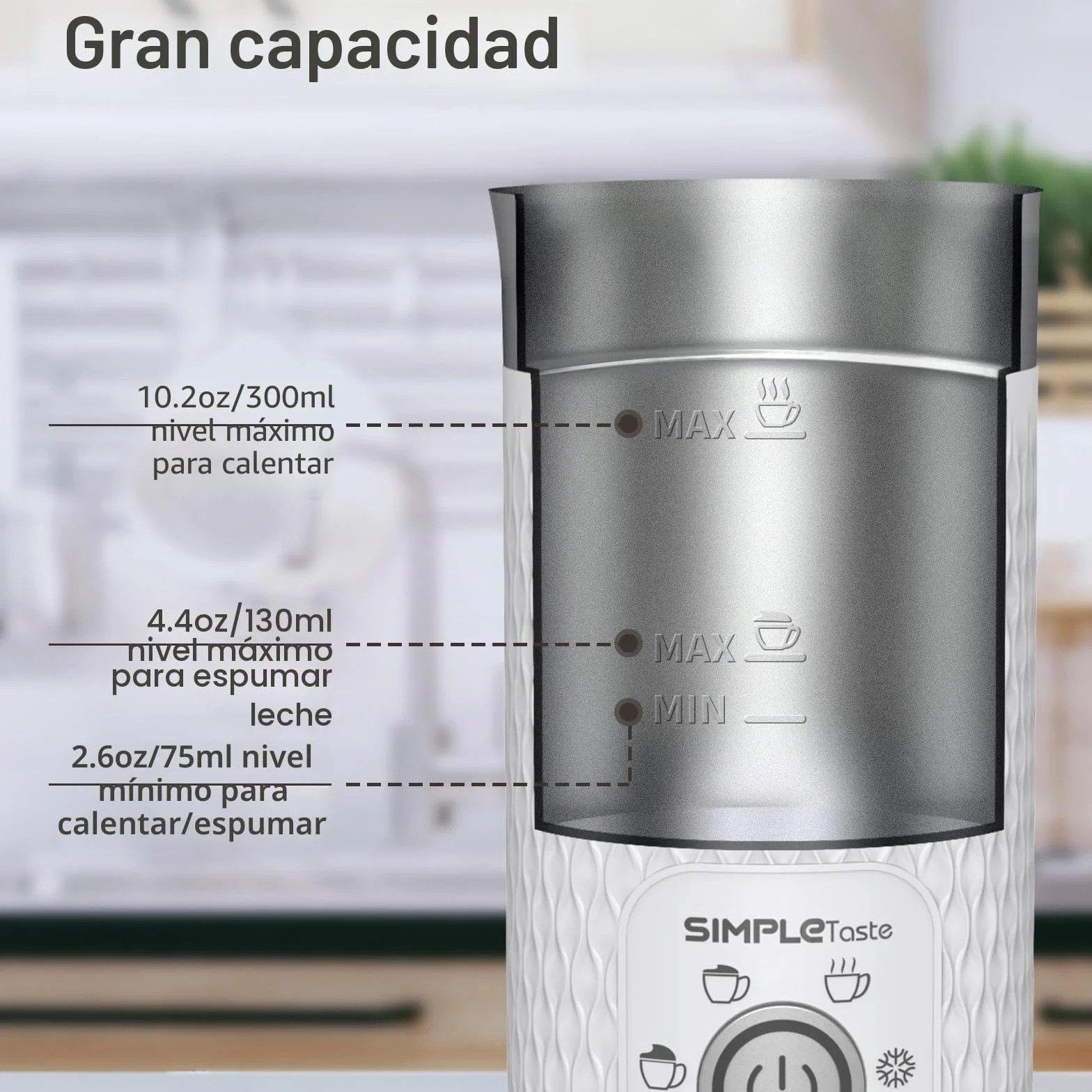 SIMPLETASTE Espumador de Leche Eléctrico 4 en 1, Automático, Calentador y Preparador de Chocolate Caliente para Café