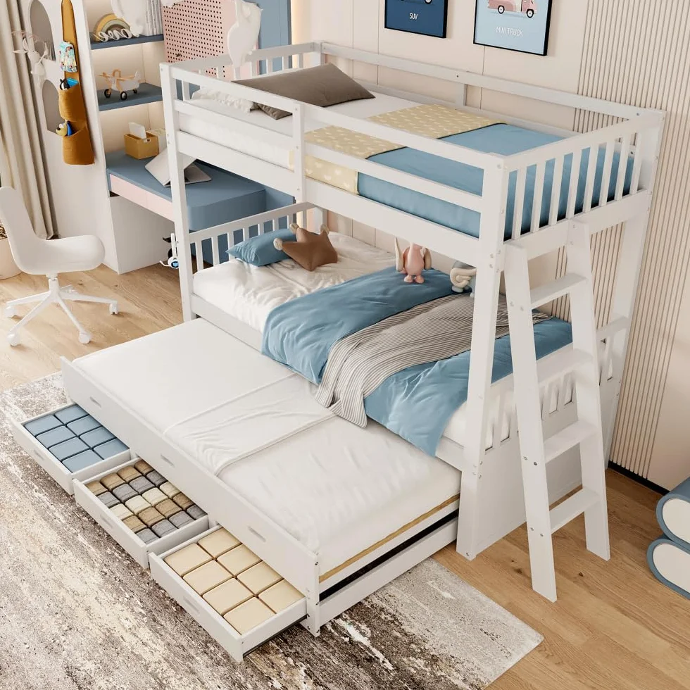 Litera infantil de 90x200cm con escalera, cama extraíble y 3 cajones, estructura de pino y MDF, barandilla alta, convertible en 2 camas individuales, colchón no incluido, Blanco