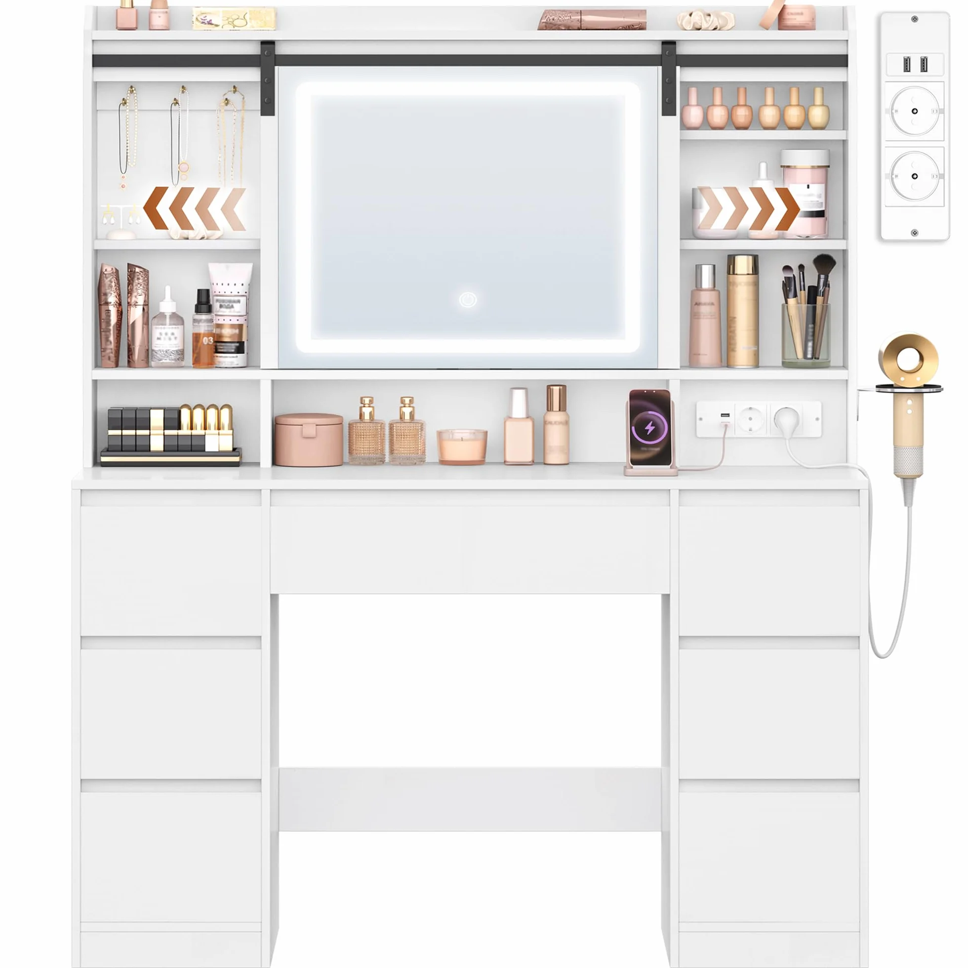 HEXCELEN Tocador con Luces LED, 3 Colores, Tocador de Maquillaje con Espejo, Mesa de Maquillaje, Regleta Eléctrica, 7 Cajones, Compartimentos Abiertos, 40 × 108 × 148,6 cm, Blanco