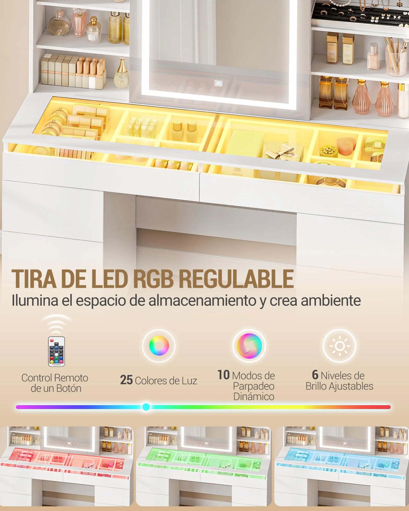 Hzuaneri 108 cm Tocador de Maquillaje, Tocador con Tablero de Cristal, Tira de Luz RGB, 8 Cajones, 9 Estantes de Almacenamiento Abiertos, Apto para Dormitorio, Blanco 1180203XEU