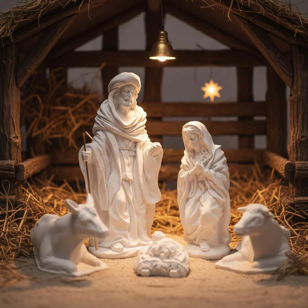 TOPAZ Belén de 5 Piezas en Poliresina Blanca para Pintar · Set Decorativo de Navidad con Virgen, San José, Niño Jesús, Buey y Mula · 26 cm · Ideal para Decorar o Regalar