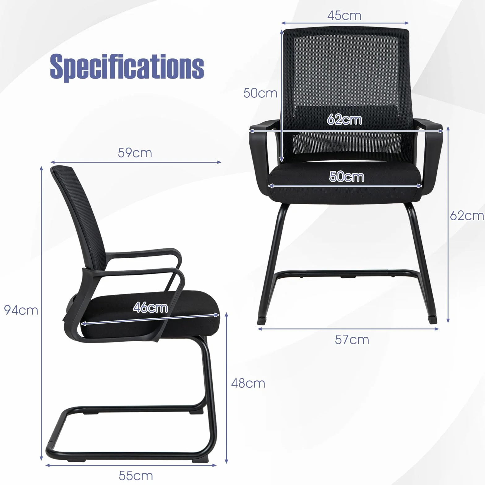 GIANTEX Juego de 2 Sillas de Conferencia con Respaldo y Reposabrazos, Silla de Recepción con Soporte Lumbar, Malla Transpirable, para Oficina, Sala de Espera y Conferencias, Negro