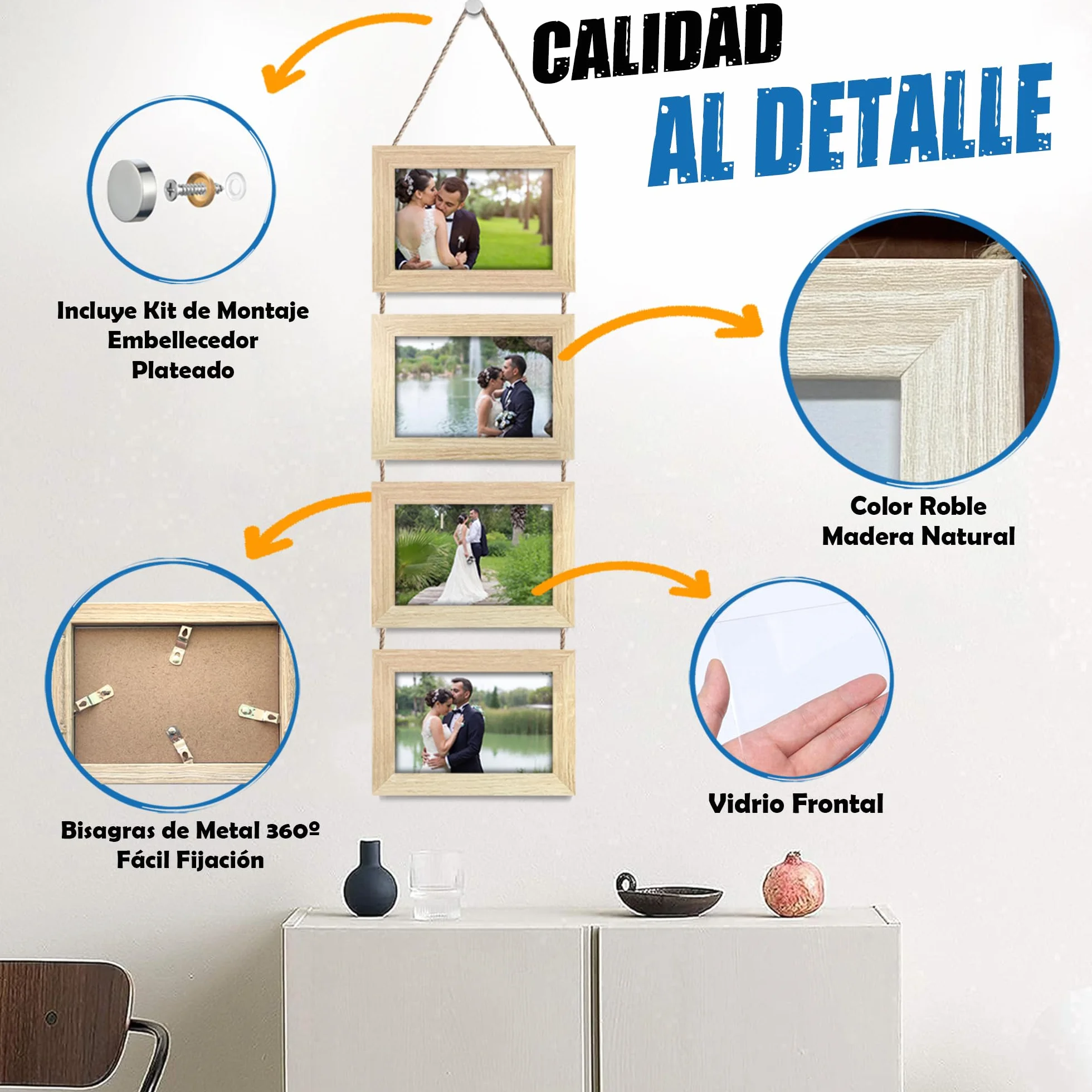 Portafotos Múltiple Decorativo Madera Cuerda Collage Colgante 4 Fotos 10x15 cm Roble Natural