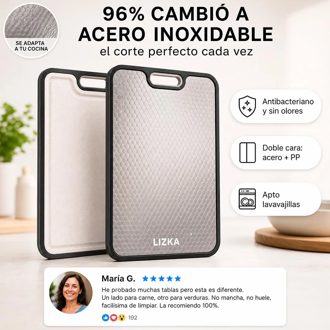 Tabla de Cortar Acero Inoxidable Doble Cara 38x26cm Apta Lavavajillas