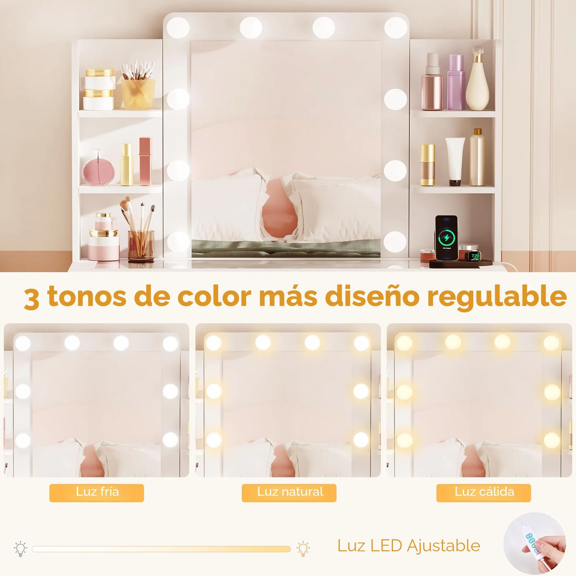 BEWISHOME Tocador con Luces LED Regulables, Mesa de Maquillaje con Espejo y Tapa de Vidrio, 9 Cajones Blanco EFST39W