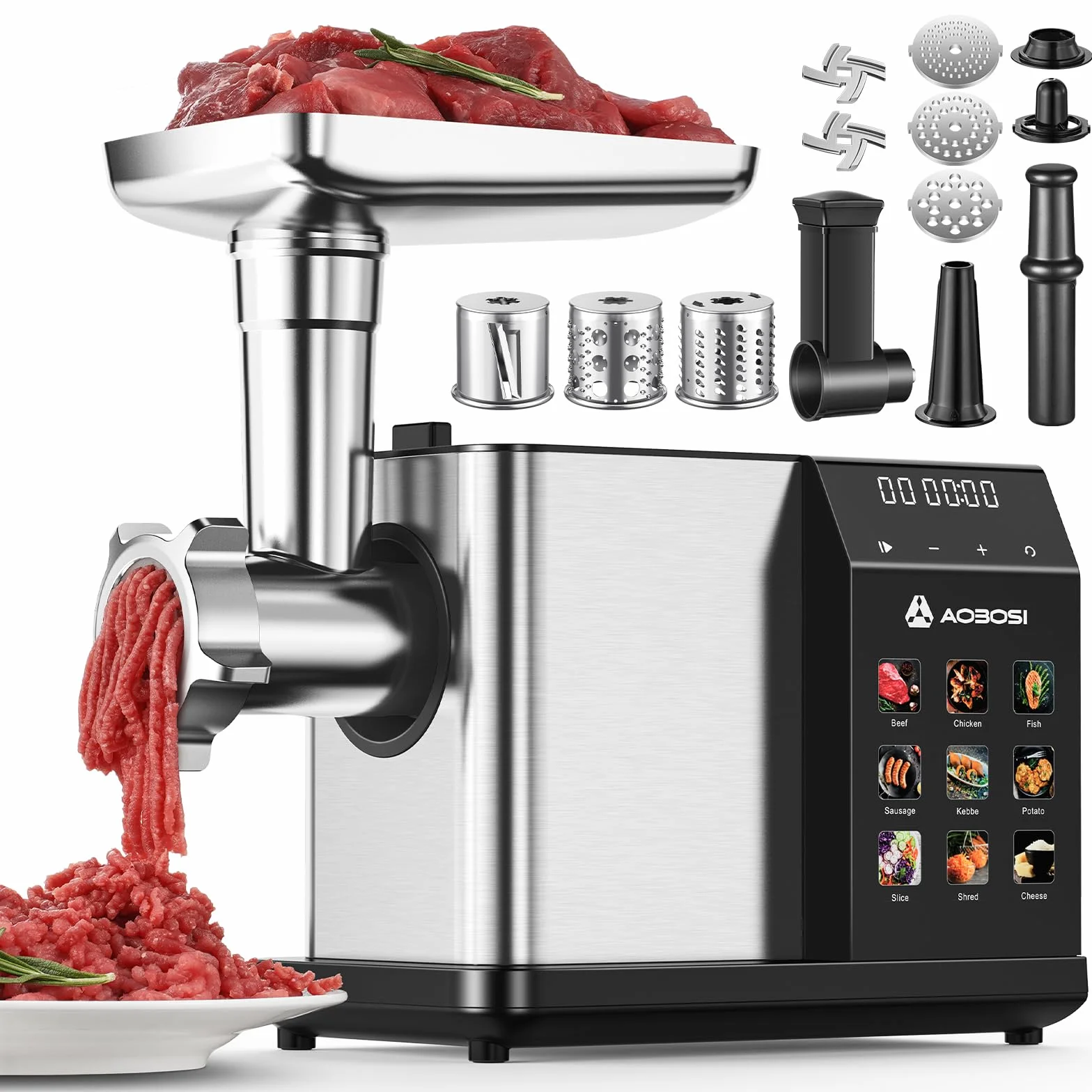 AAOBOSI Picadora De Carne Eléctrica [3000W Máx] - Con Pantalla LED y 9 Velocidades, Contenedor de Almacenamiento Incorporado - Incluye Accesorio de Rebanar, Embutidora y Kibbe - Para Uso Doméstico