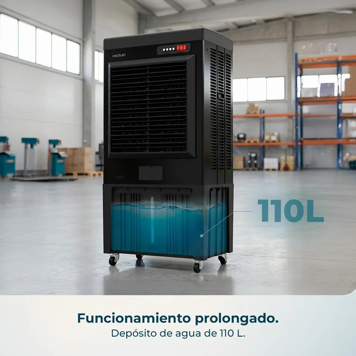 Cecotec Climatizador Evaporativo Industrial AirIndustry 110000. 350W, Depósito de 110 litros, Caudal de 9000 m3/h, 3 Velocidades Ajustables, Oscilación, Ruedas Multidireccionales