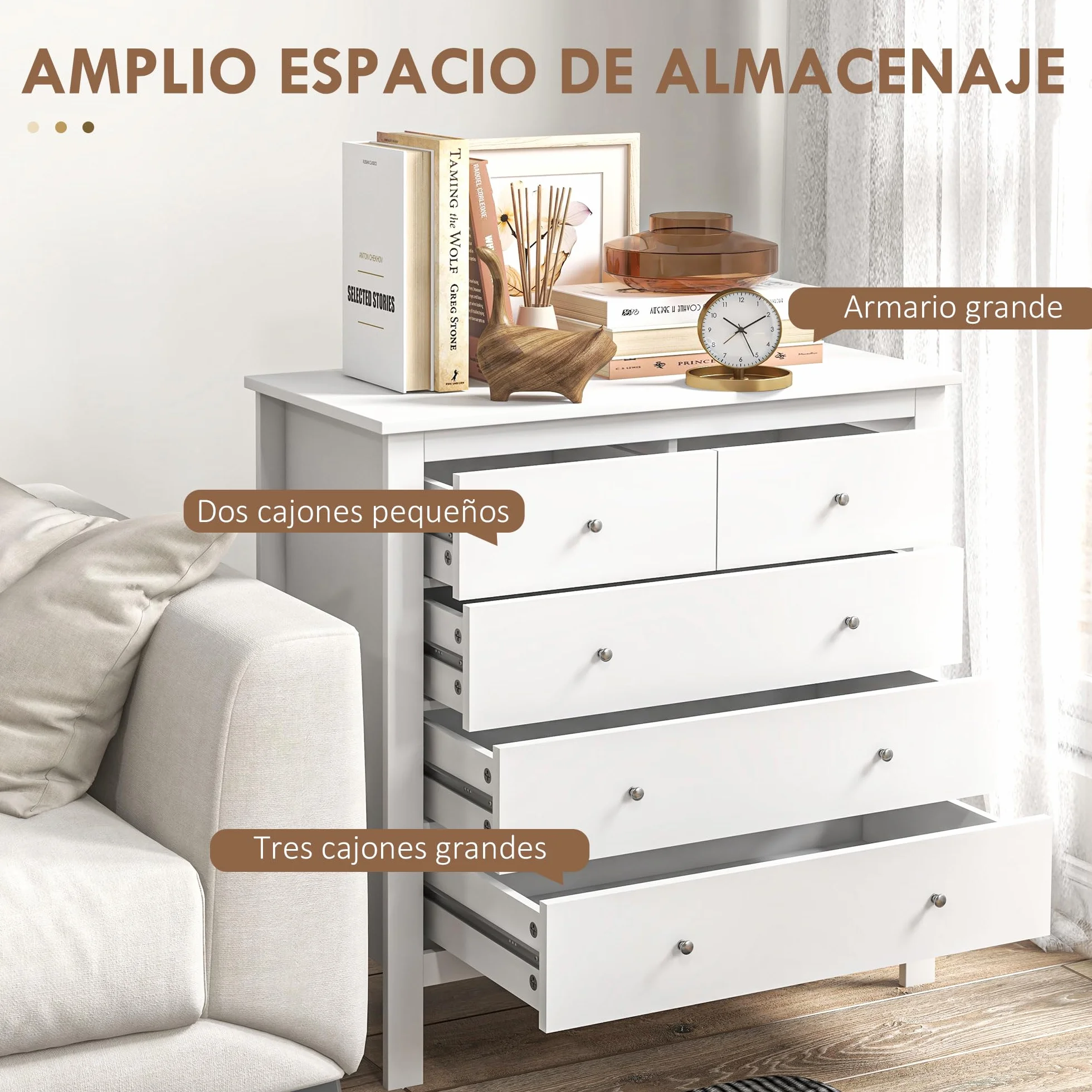 HOMCOM Cómoda con 5 Cajones, Cómoda Dormitorio con Patas Elevadas, Cajonera para Salón, Oficina, Estilo Moderno, 79x39,5x80,5 cm, Blanco