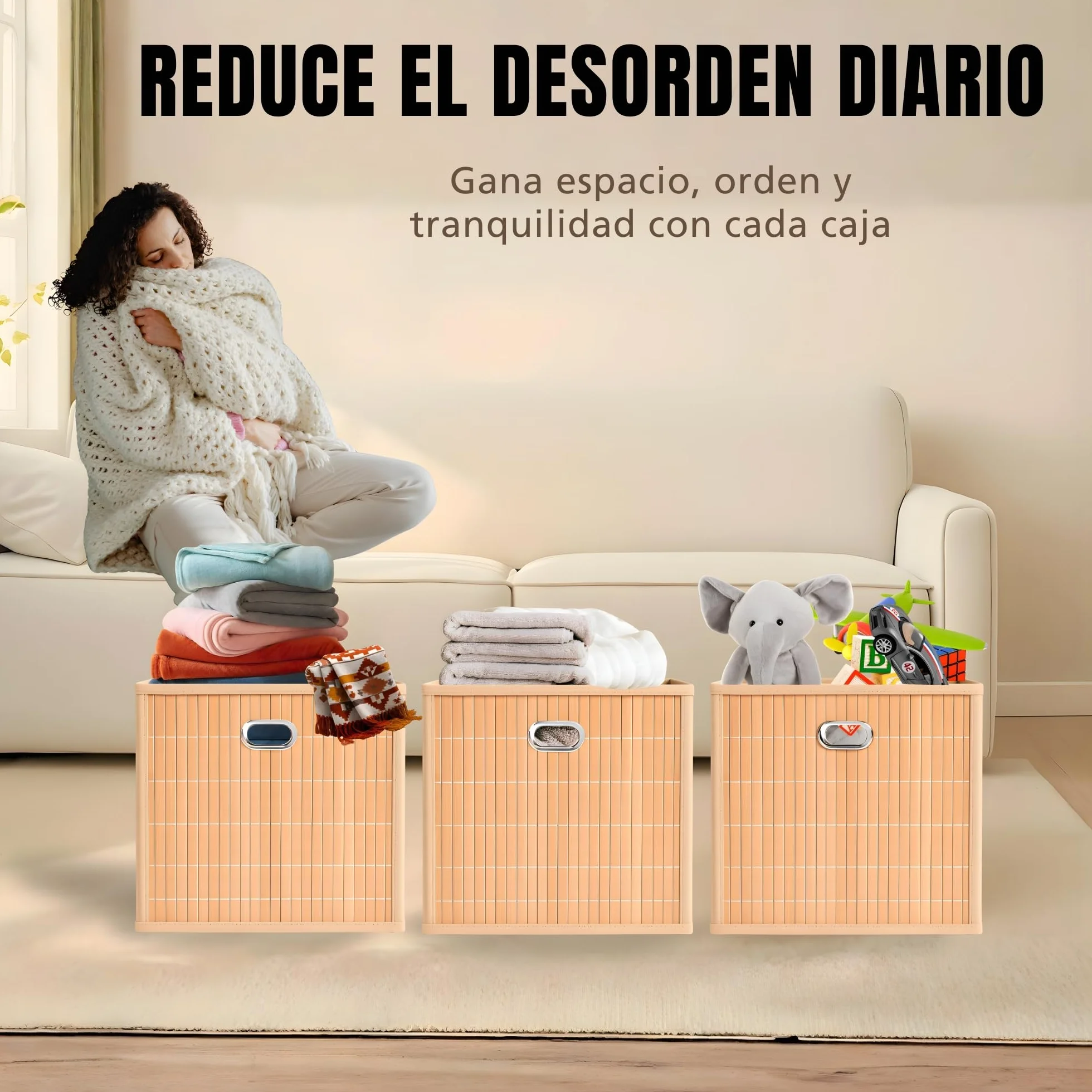6 Cajas Almacenaje - Cestas Almacenaje - Cajas Organizadoras 31x31x31cm - Cajas Almacenaje Decorativas Hechas En Bamboo Y Tela - Cestas Organizadoras - (BEIGE, 31x31x31 cm)