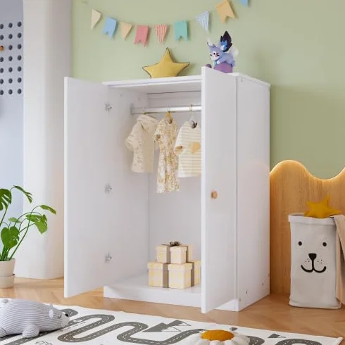 Merax Armario pequeño con barra 2 puertas MDF blanco 80 x 50 x 120 cm