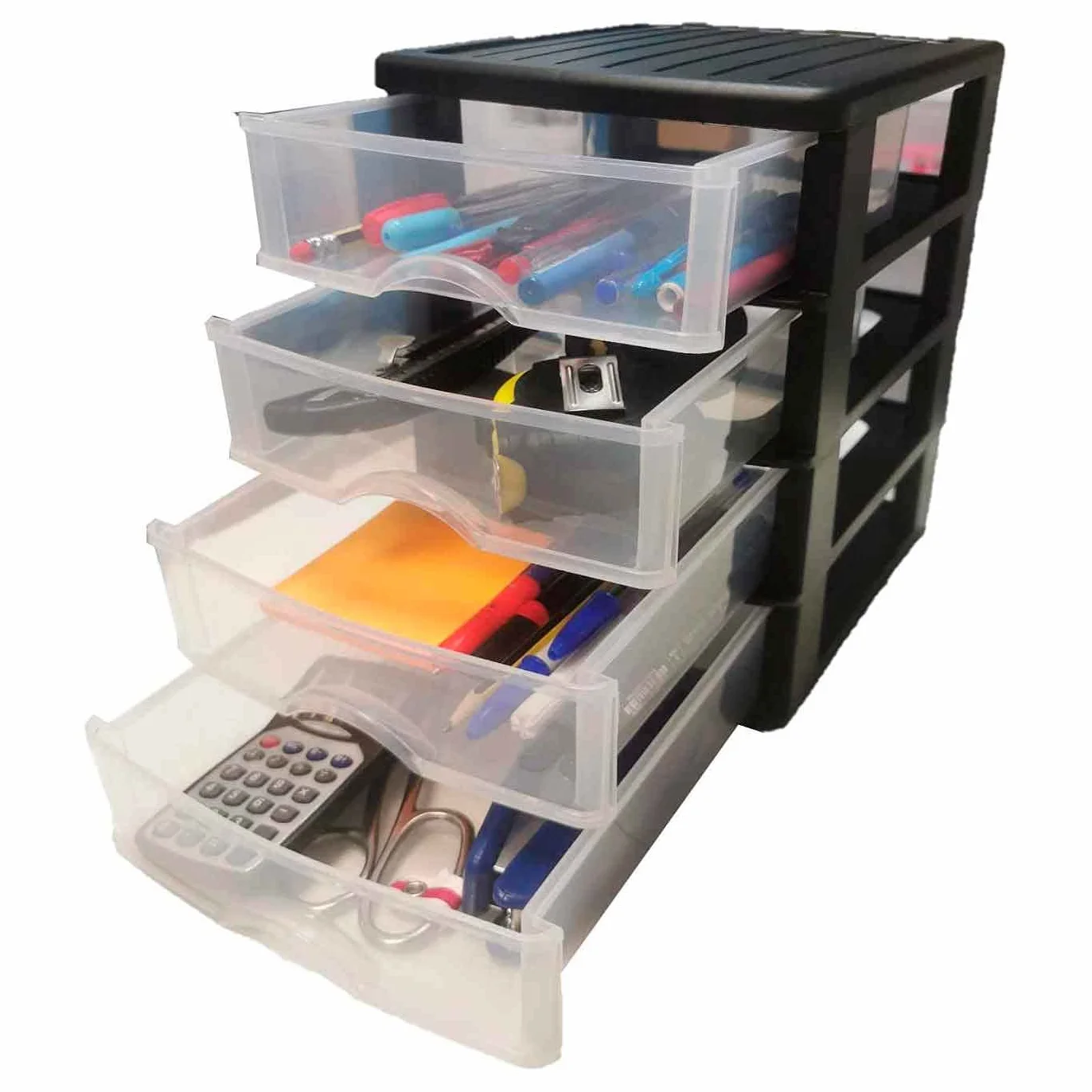 AC - Cajonera de Almacenamiento Sobremesa con 4 cajones, Torre de Almacenamiento Multiusos para Oficina, hogar, Escuela - 35 x 27 x 35,5 cm - Color Negro - Modelo Aleatorio