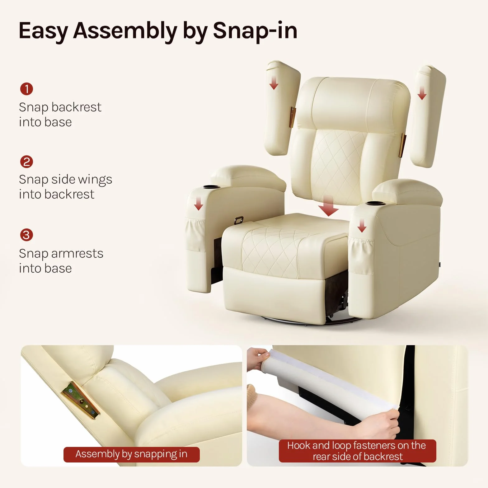 WOLTU Sillón Relax Reclinable, Sofa Individual Giratorio 360° de Función Balanceo y Respaldo Ajustable, con Reposapiés, Bolsas Laterales y Portavasos, Carga 150 kg, Tapizado en PU, Beige