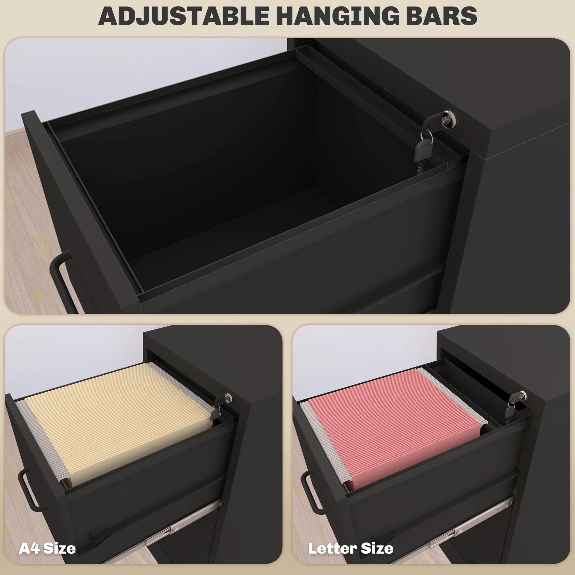 HOMCOM Archivador de 3 Cajones con Barra Ajustable de Acero para Oficina, Ideal para el Hogar y el Estudio, 36,5x46,2x99 cm, Negro