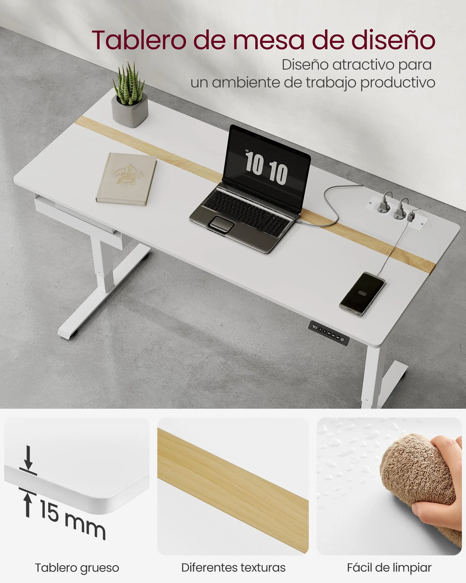 VASAGLE Escritorio Regulable en Altura 140x60 cm Mesa Eléctrica con Enchufe y Cajón Blanco