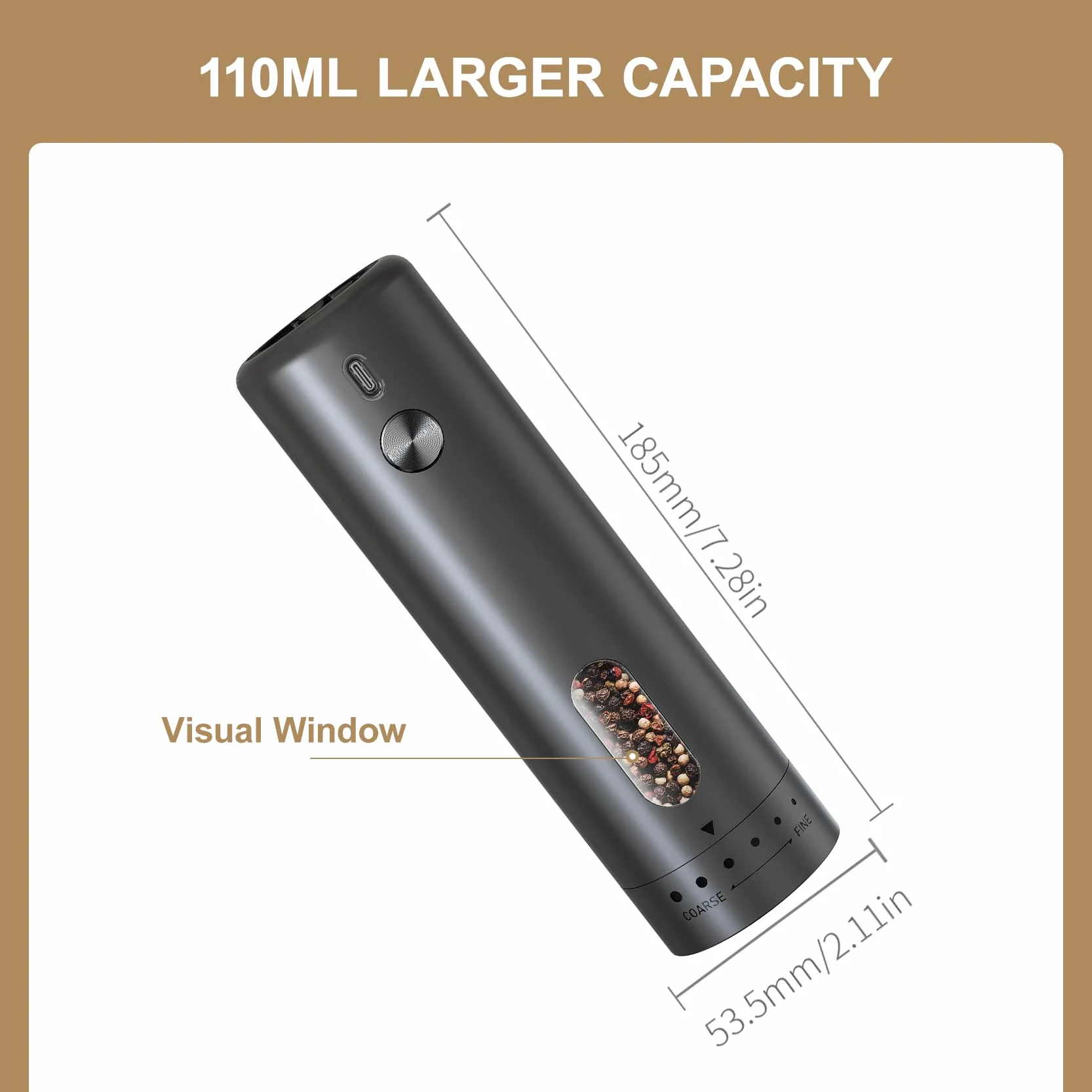 Molinillos de Sal y Pimienta Eléctricos, 110 Ml de Gran Capacidad, 5 Niveles de Ajuste del Engranaje Externo con Cepillo y Ventana Visual