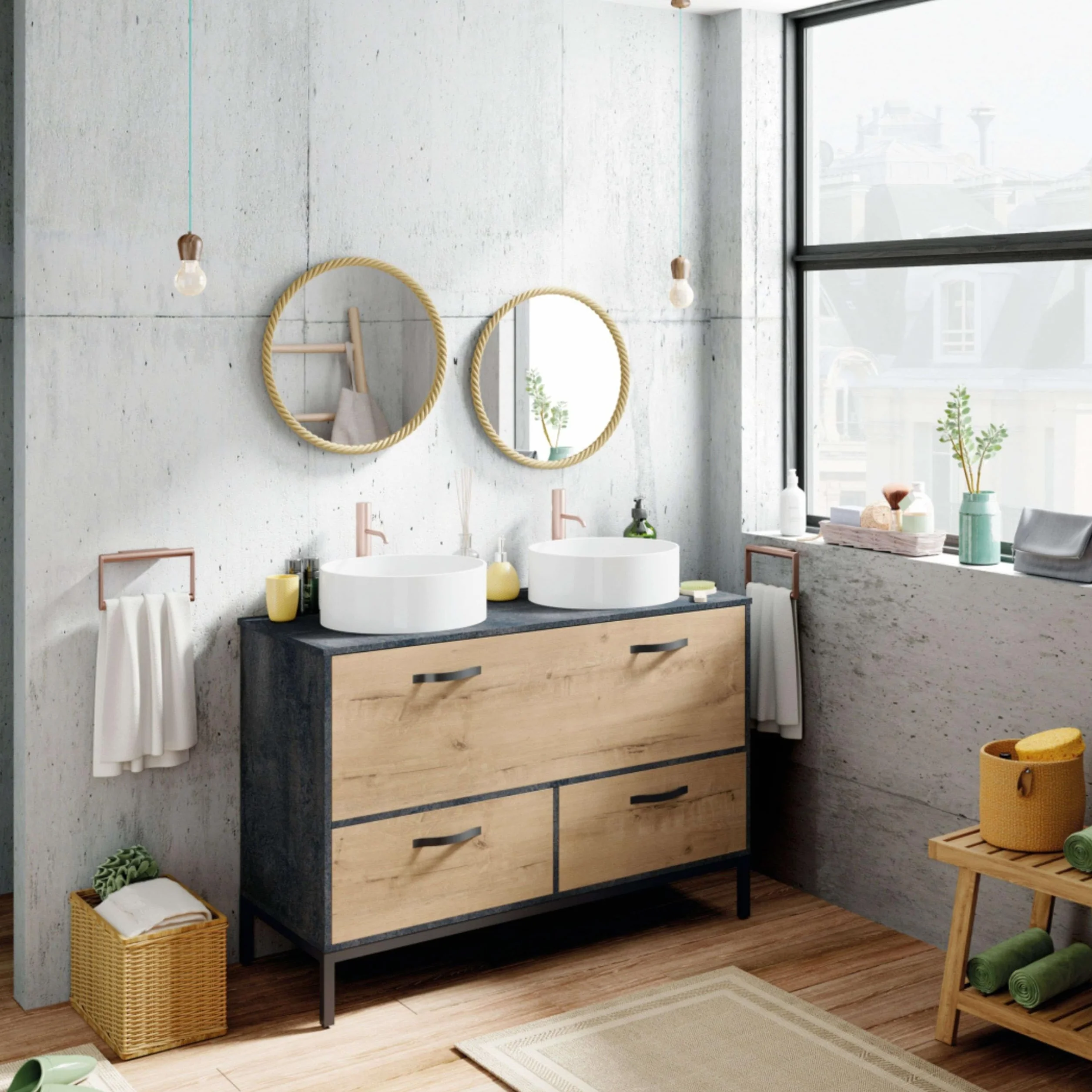 Muebles Pitarch | Mueble de Baño Doble 120cm ancho, Industrial Negro y Roble Gold, con estructura Patas, 2 Cajones y 1 Puerta, para Lavabos de sobreponer, modelo Sena
