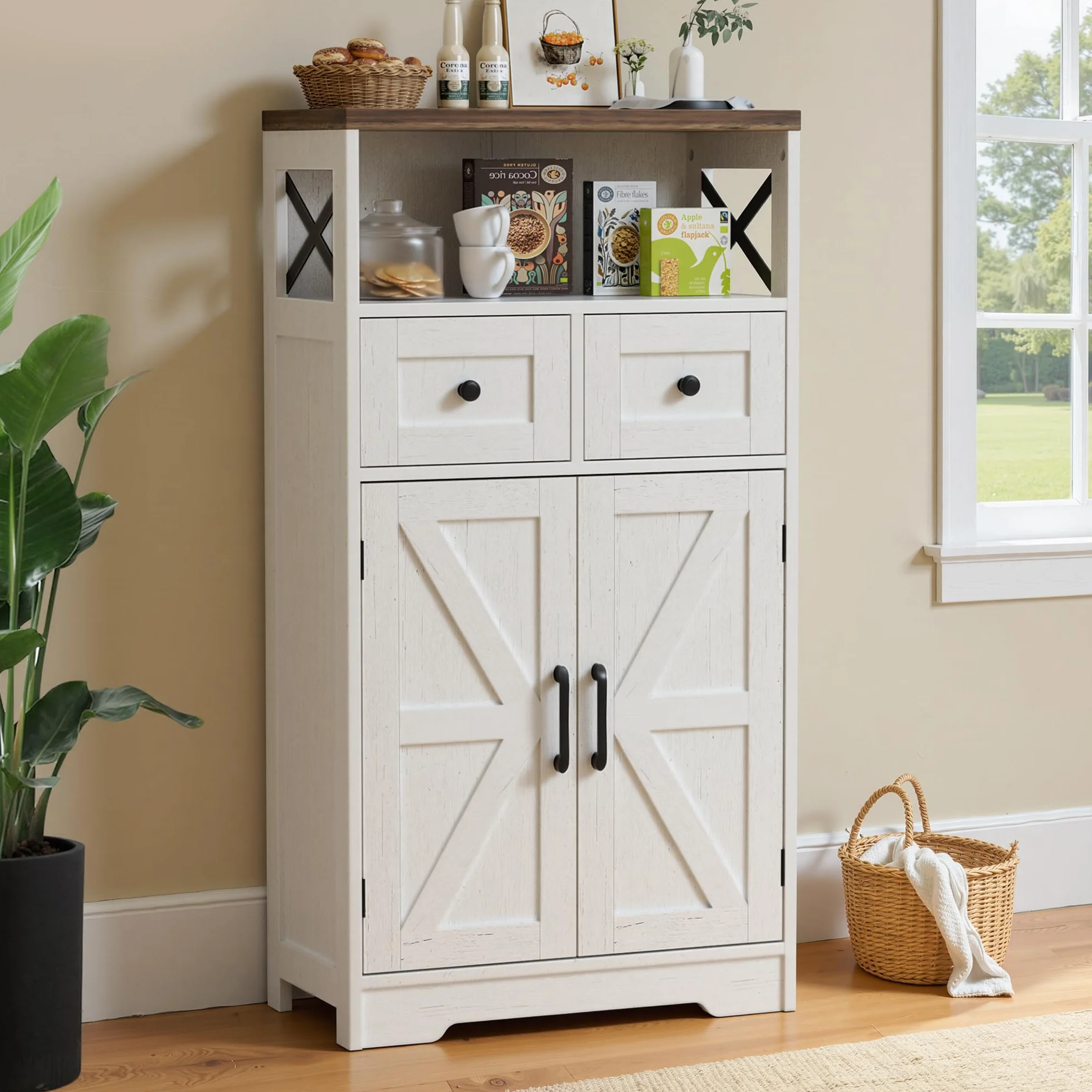 BonVache Aparador, armario de cocina con cajones, armario de almacenamiento, aparador con estante abierto, gabinete de cafetería para cocina, comedor, sala de estar, 58 x 29 x 108 cm, Blanco