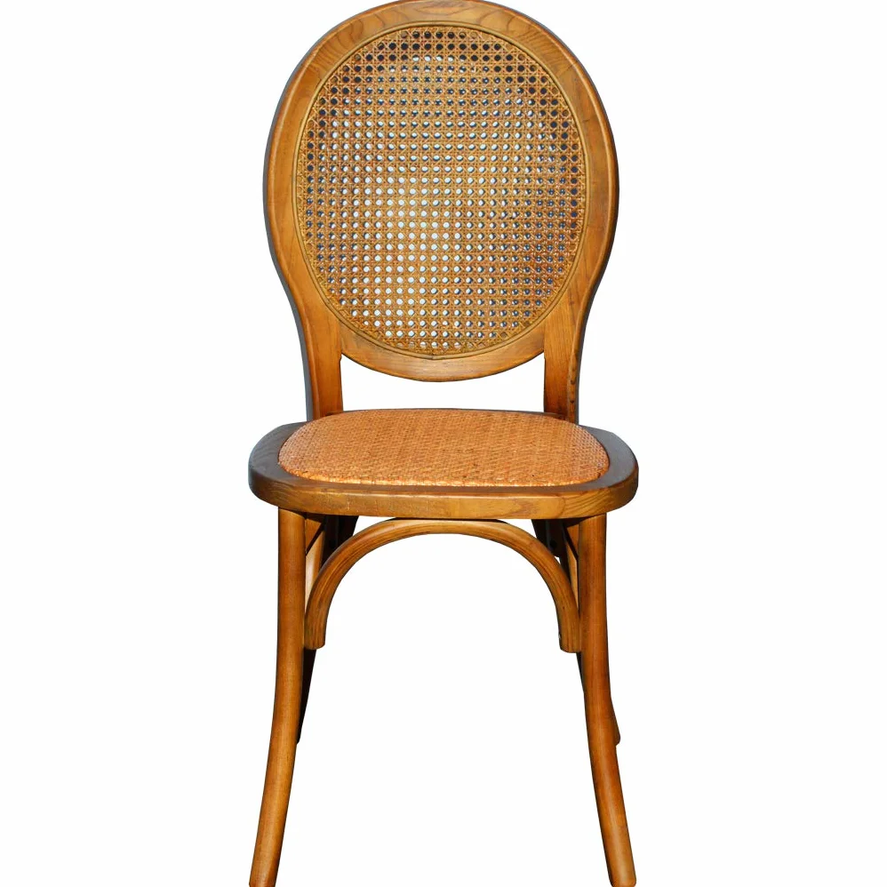 EME Silla Medallón Madera Oscura de Olmo con Asiento de ratán Natural y Respaldo de Rejilla. Incluye 1 Unidad. Silla apilable, con Acabado rústico.