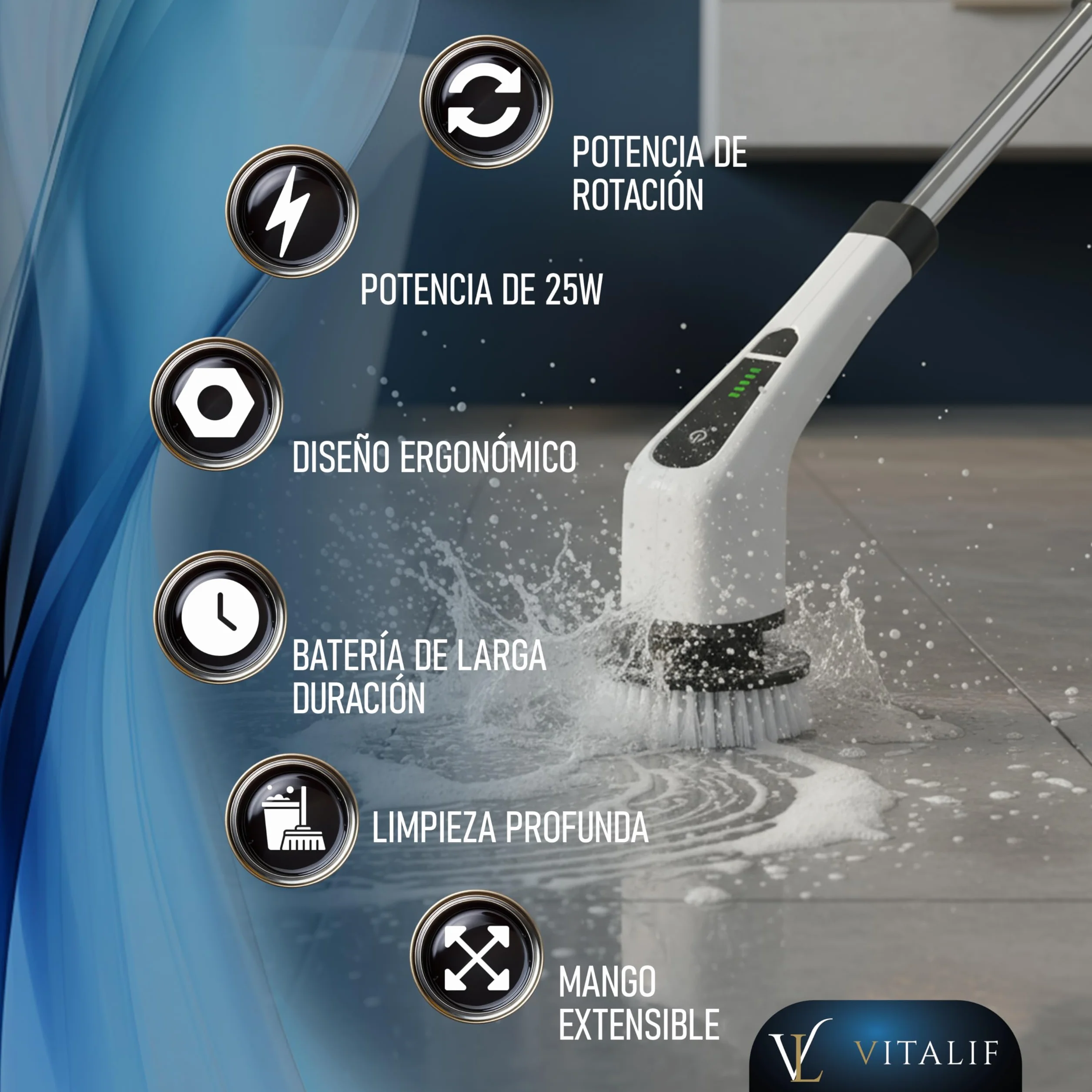 Super Cepillo electrico Limpieza hogar 12 Cabezales, Escoba electrica Limpieza Premium, 2 Velocidades, Batería 2600mah IPX6, Cepillo Limpieza Ducha, Cocina, Limpiador electrico 25W, pulidora Suelos