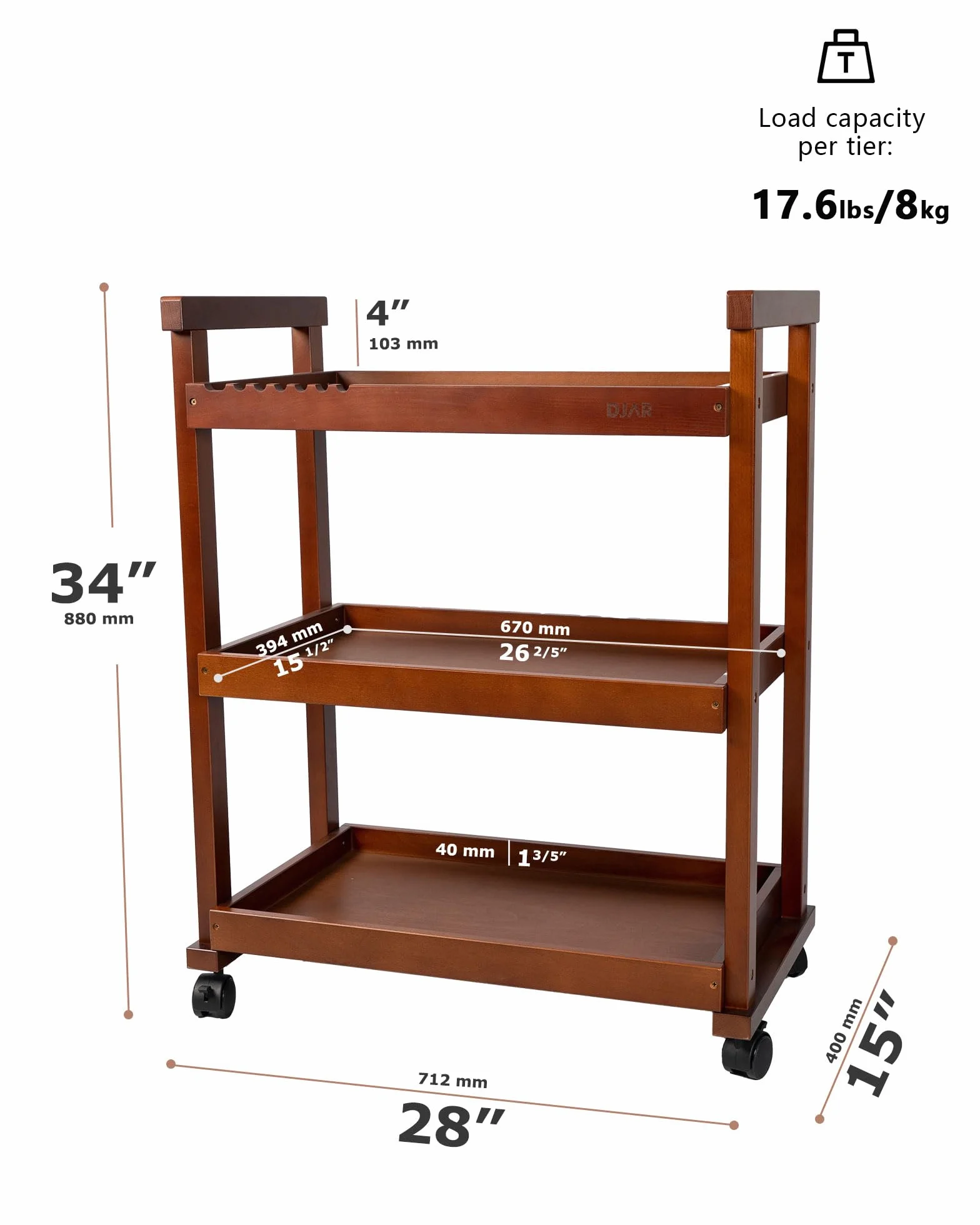 DJAR Organizador de carrito de arte, carrito de almacenamiento de madera de haya para estudio, oficina, carrito utilitario rodante con ruedas, nogal