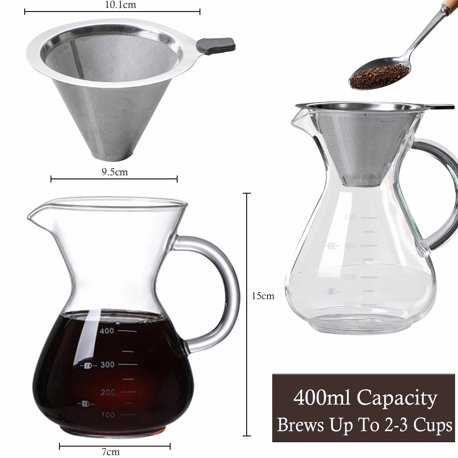 Pour Over Coffee Maker, 400ml Vaso Cafetera Goteo Manual con Filtro Café Reutilizable y Mango Resistente al Calor, Cafetera Goteo Pequeña Prepara Hasta 2 a 3 Tazas para Baristas