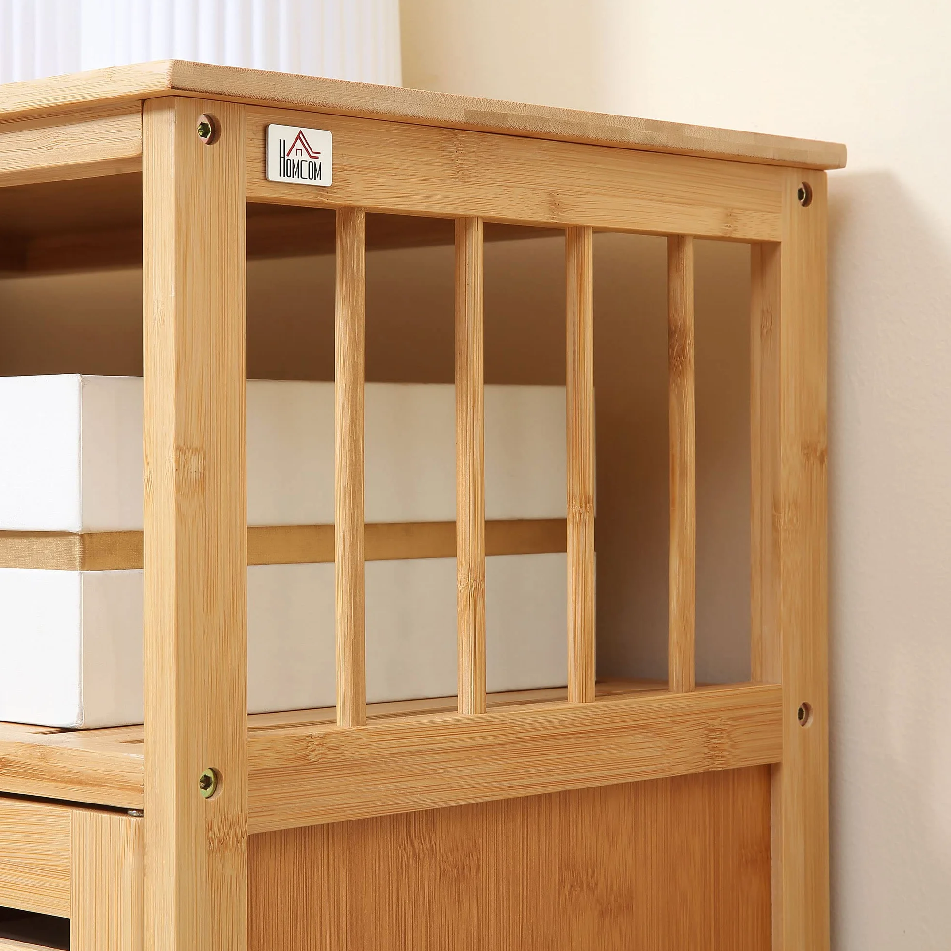 HOMCOM Aparador de 3 Puertas Ranuradas Aparador para Salón de Bambú con Estantes para Comedor Cocina Entrada Natural 100x35x82 cm