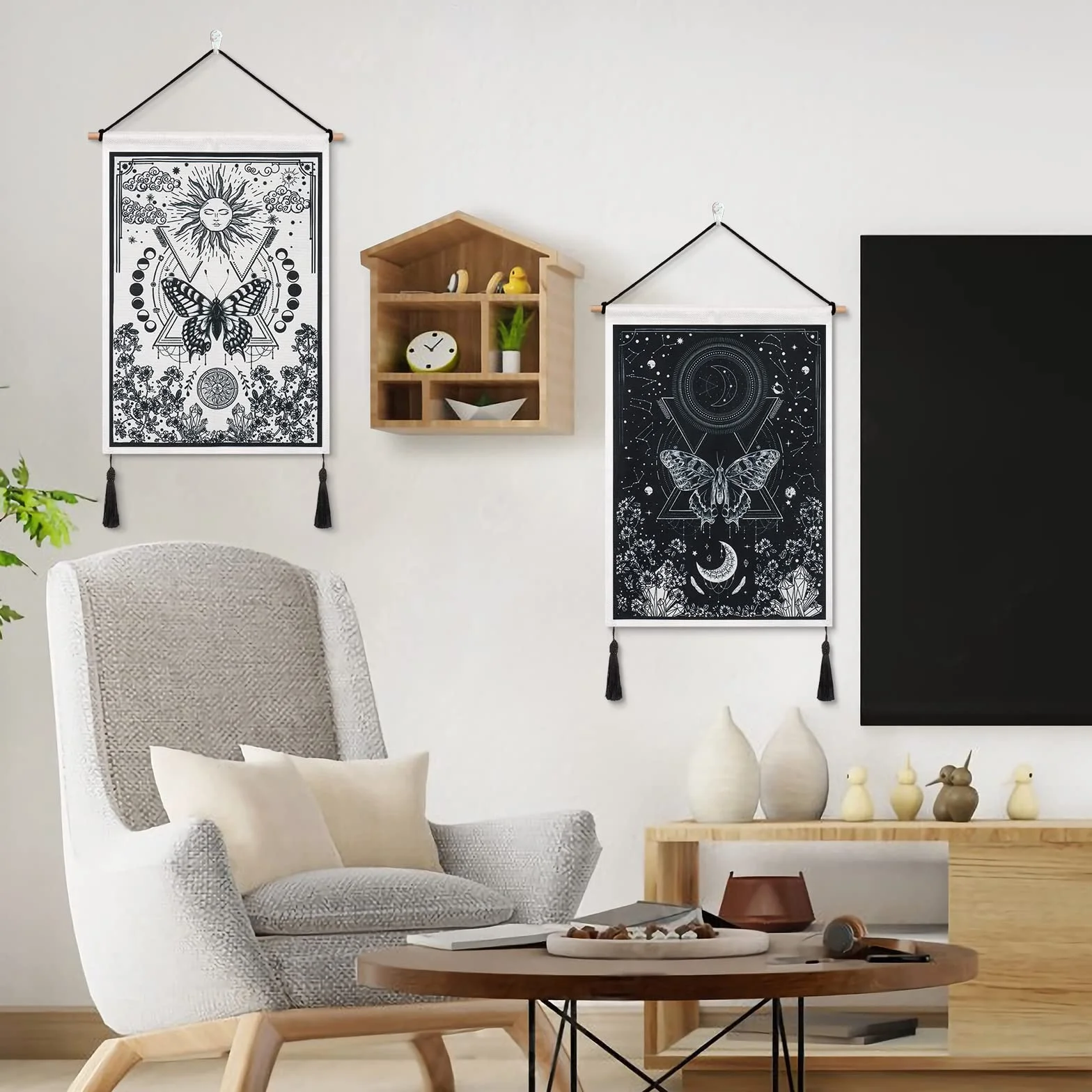 Betylifoy Paquete de 2 Tapices de Luna y Sol con Borlas Tarot para Colgar en la Pared Tapiz de Pancarta Tapiz Negro Decoración de Pared Bohemia para Dormitorio Sala de Estar (Eclipse lunar)