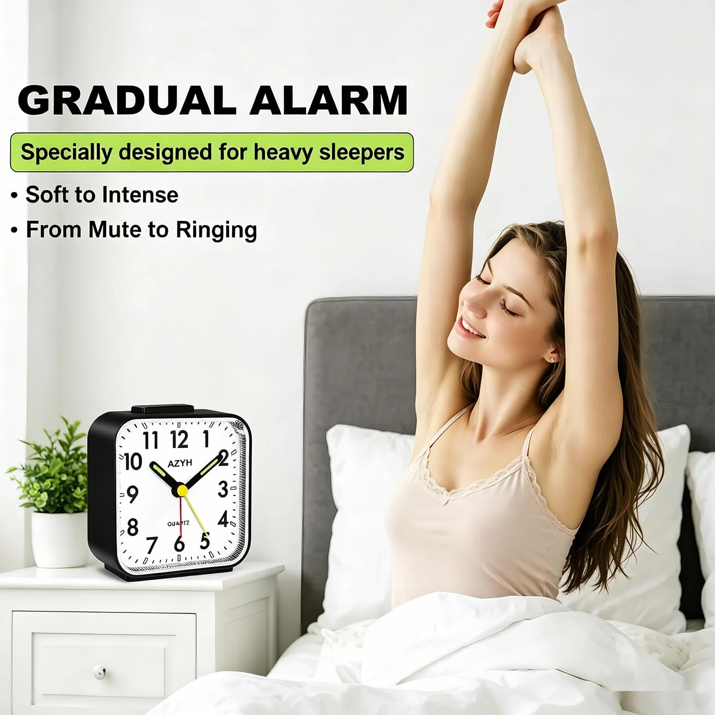 Azyh Despertador Analógico Sin Tictac Con Luz, Funciona Con Pilas, Alarma Fuerte, Función de Repetición, Silencioso, Luminoso, Portátil y Pequeño