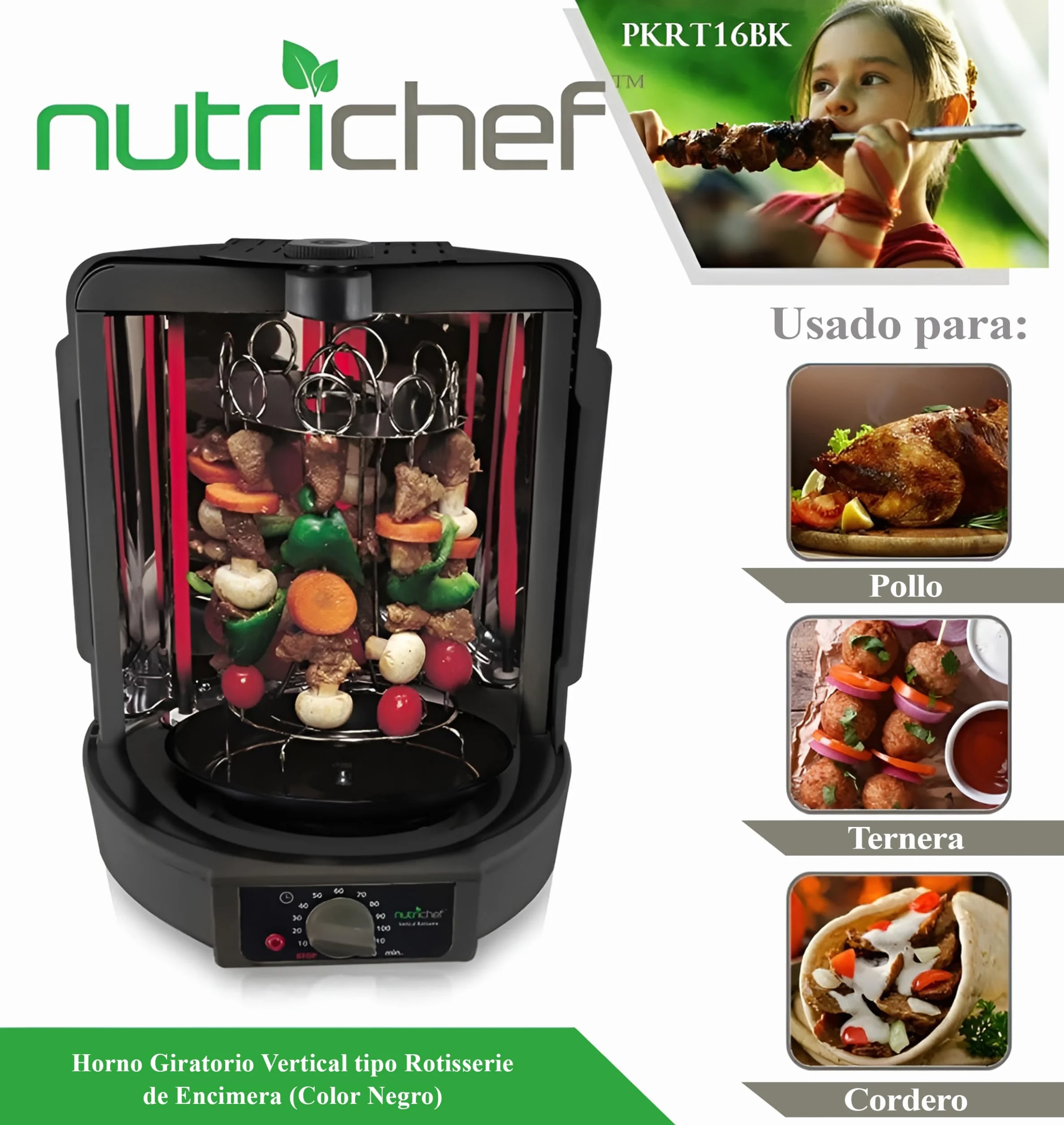 NutriChef Horno Giratorio Vertical de Sobremesa 700W Parrilla Eléctrica Rotativa para Pollo Kebab Shawarma
