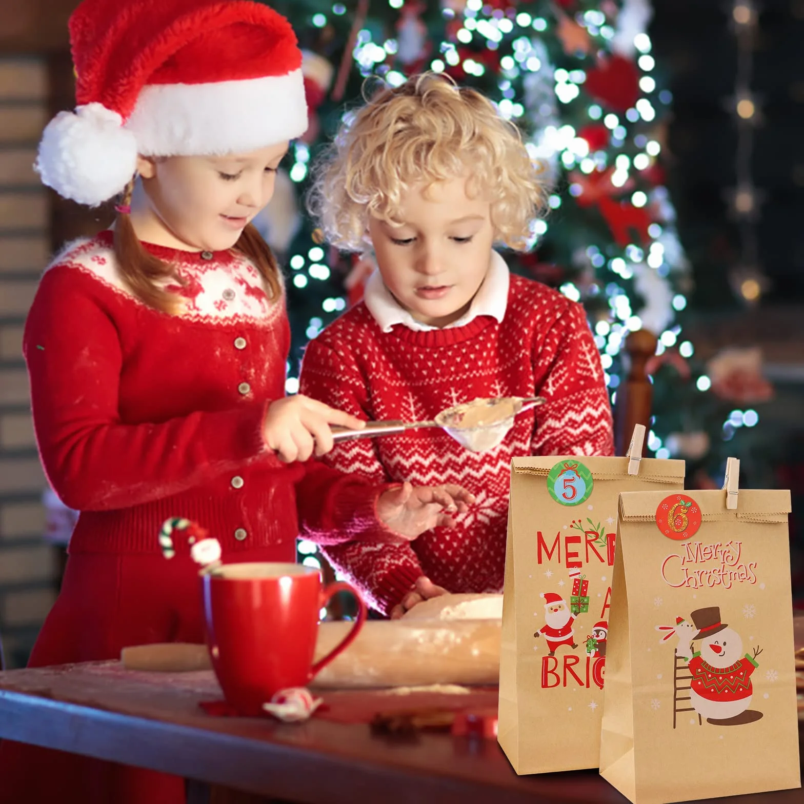 Calendario Adviento 2025 para Rellenar con 24 Bolsas, Adhesivos y Cuerda, DIY Bolsas de Papel Kraft Navideño, Marrón